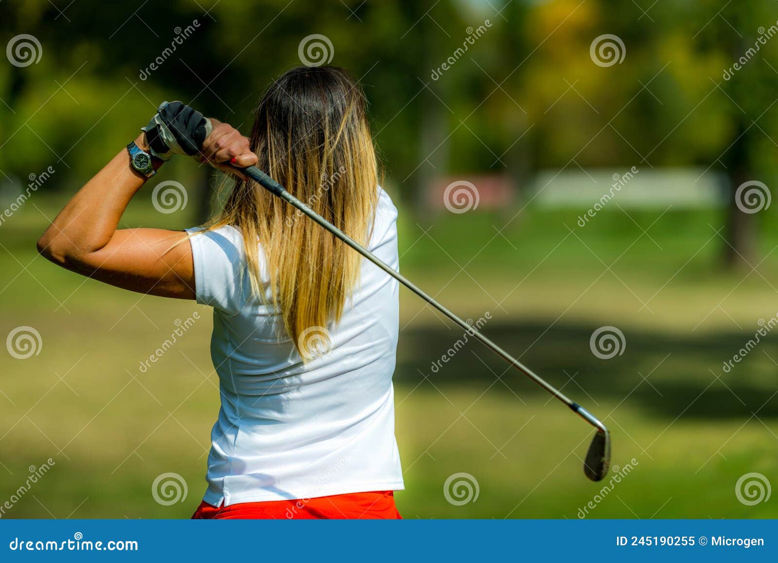 Woman Playing Golf, Swing, Rear View Stock Image Image of powerful