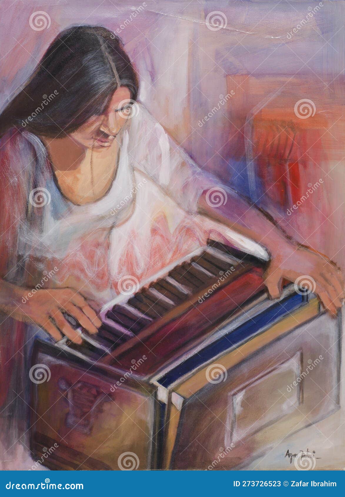 Woman Playing Harmonium Painting Stock Illustration Illustration of