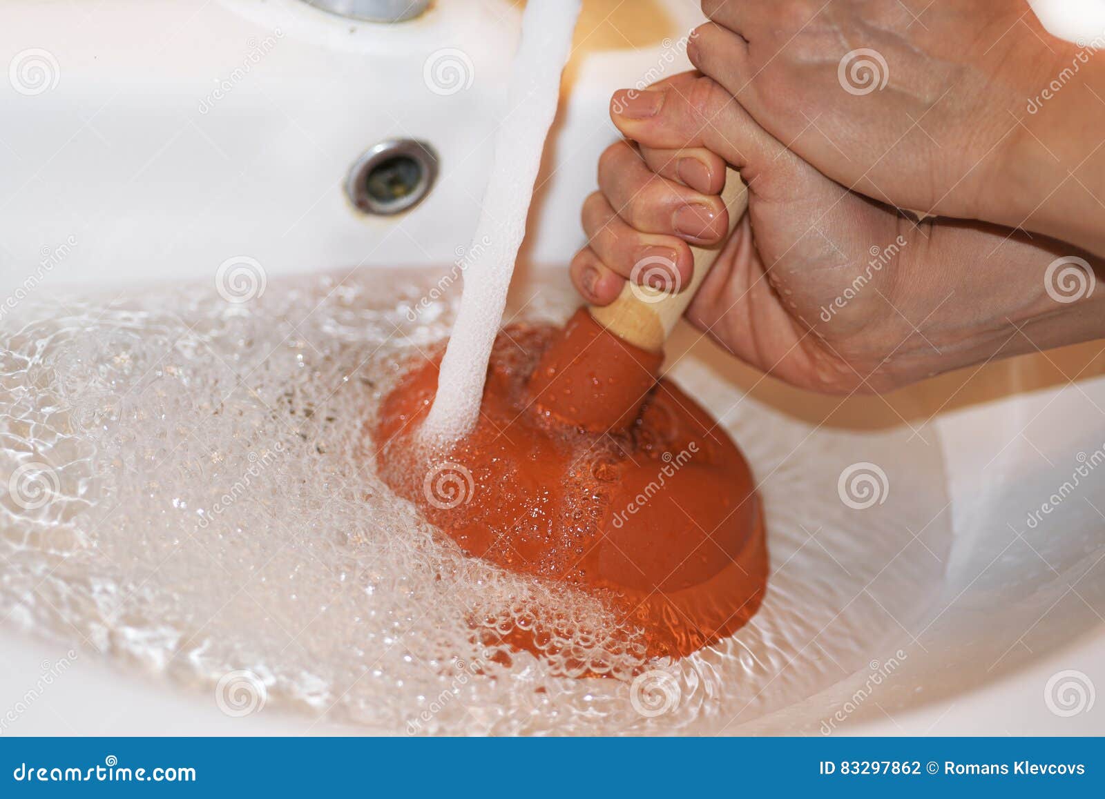 woman with plunger trying to remove clogged sinks.