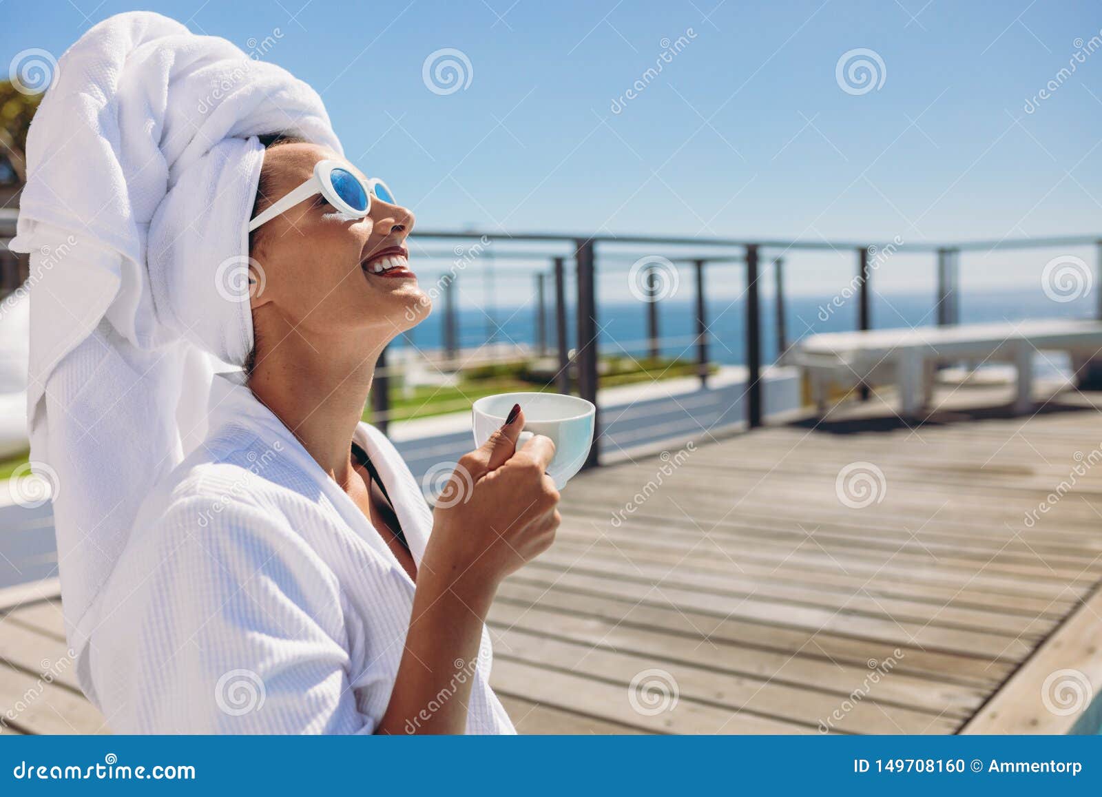 Woman at Poolside Having Coffee after a Swim Stock Photo - Image of ...