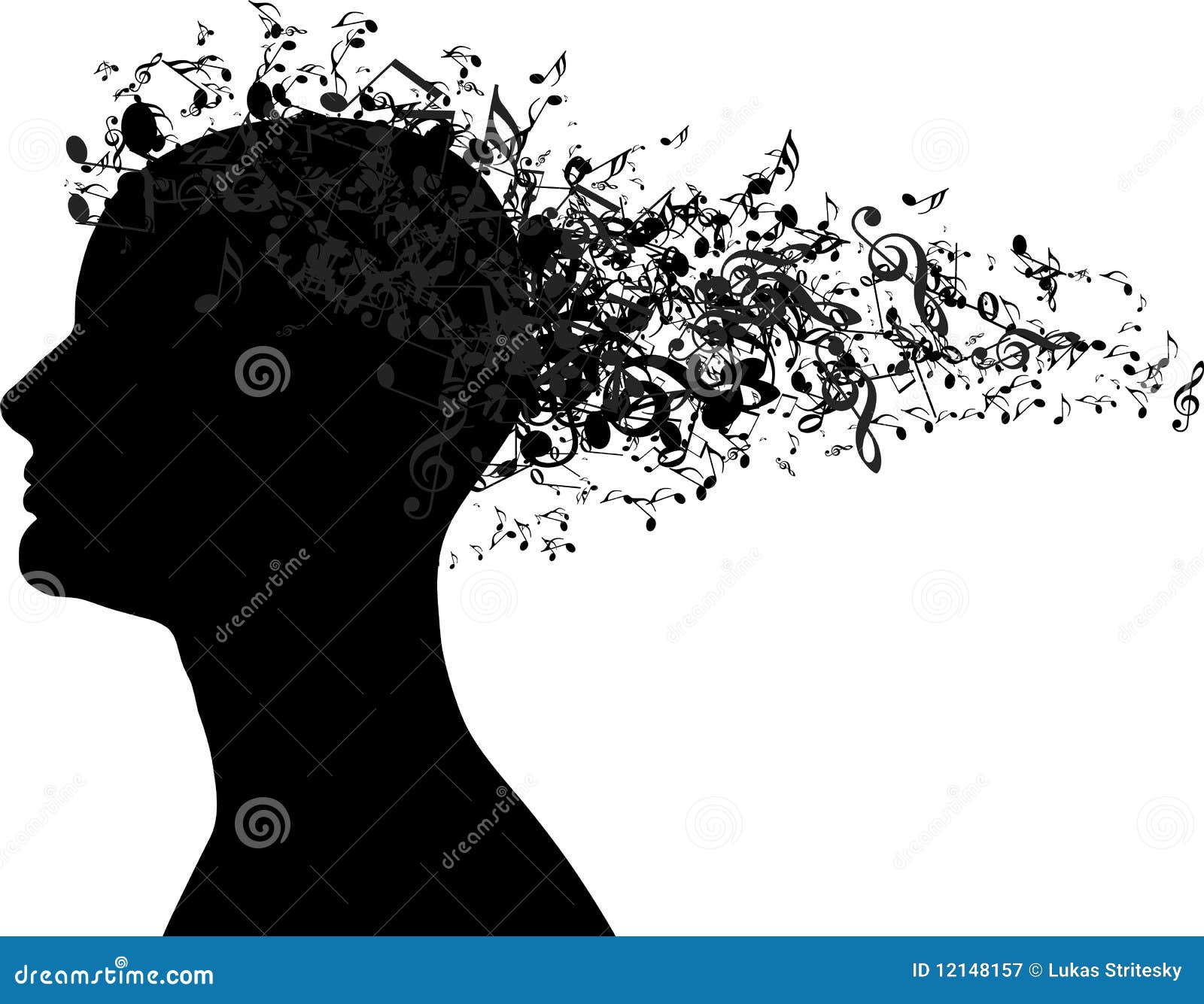 Woman portrait silhouette with music notes as hair. Profile woman silhouette as a music theme with music notes as hair