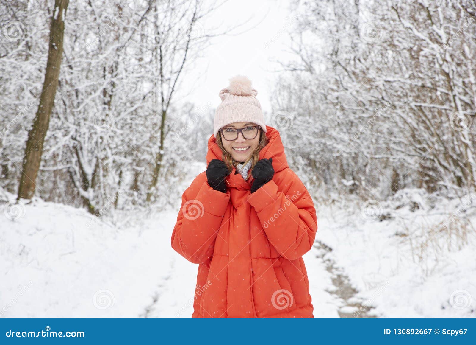 Woman Portrait in Snowy Landscape Stock Image - Image of happy, glasses ...