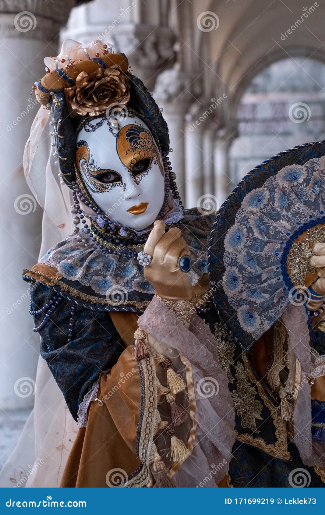 Woman Poses in Ornate, Detailed Costume, Mask and Hat, at the Doges ...