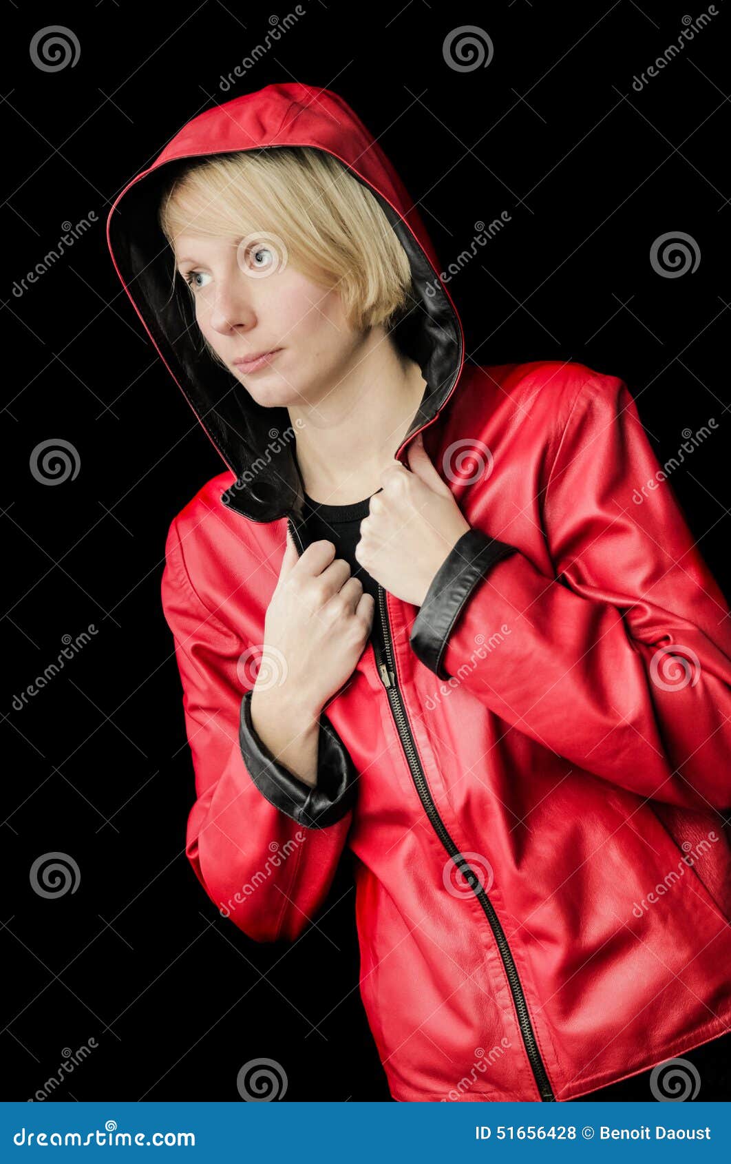 woman posing with a reversible leather jacket
