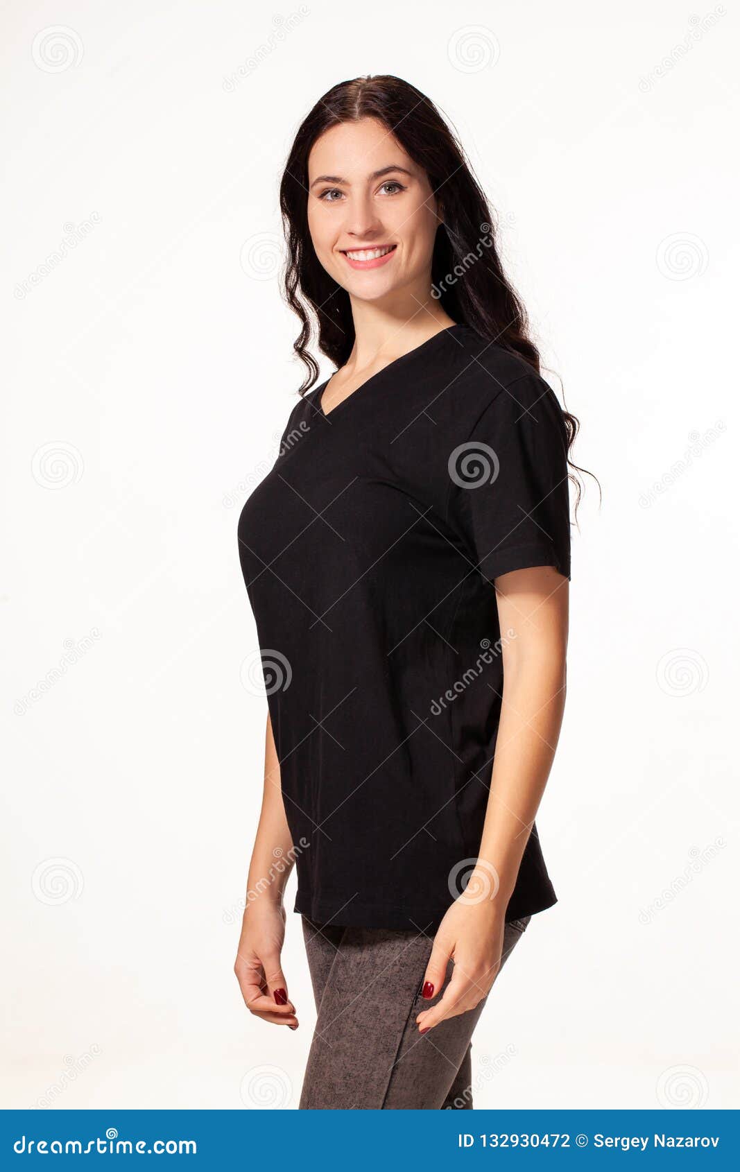 woman posing standing sideways  on white background