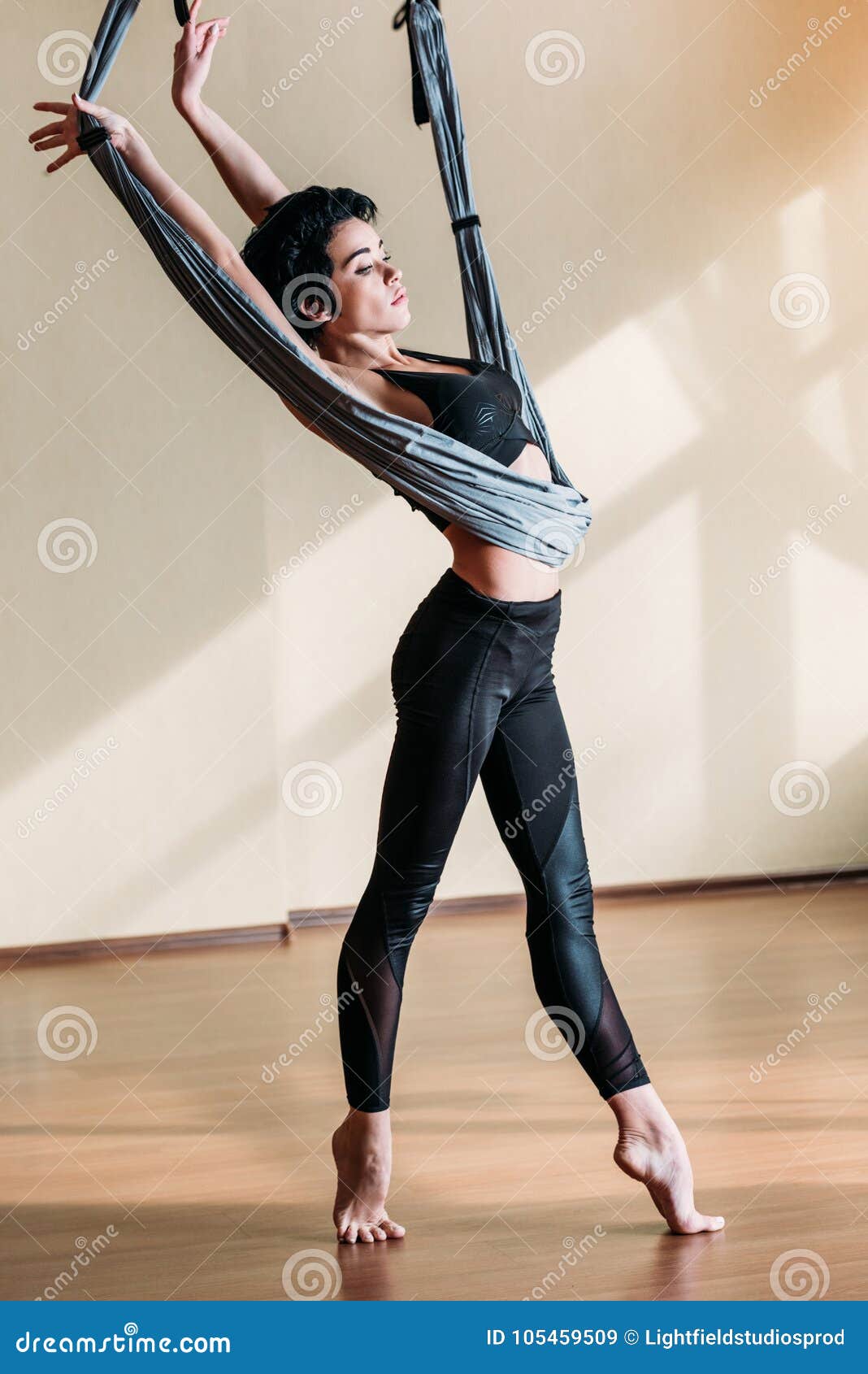 Beautiful gymnast athlete teenage girl wearing dancer blue 