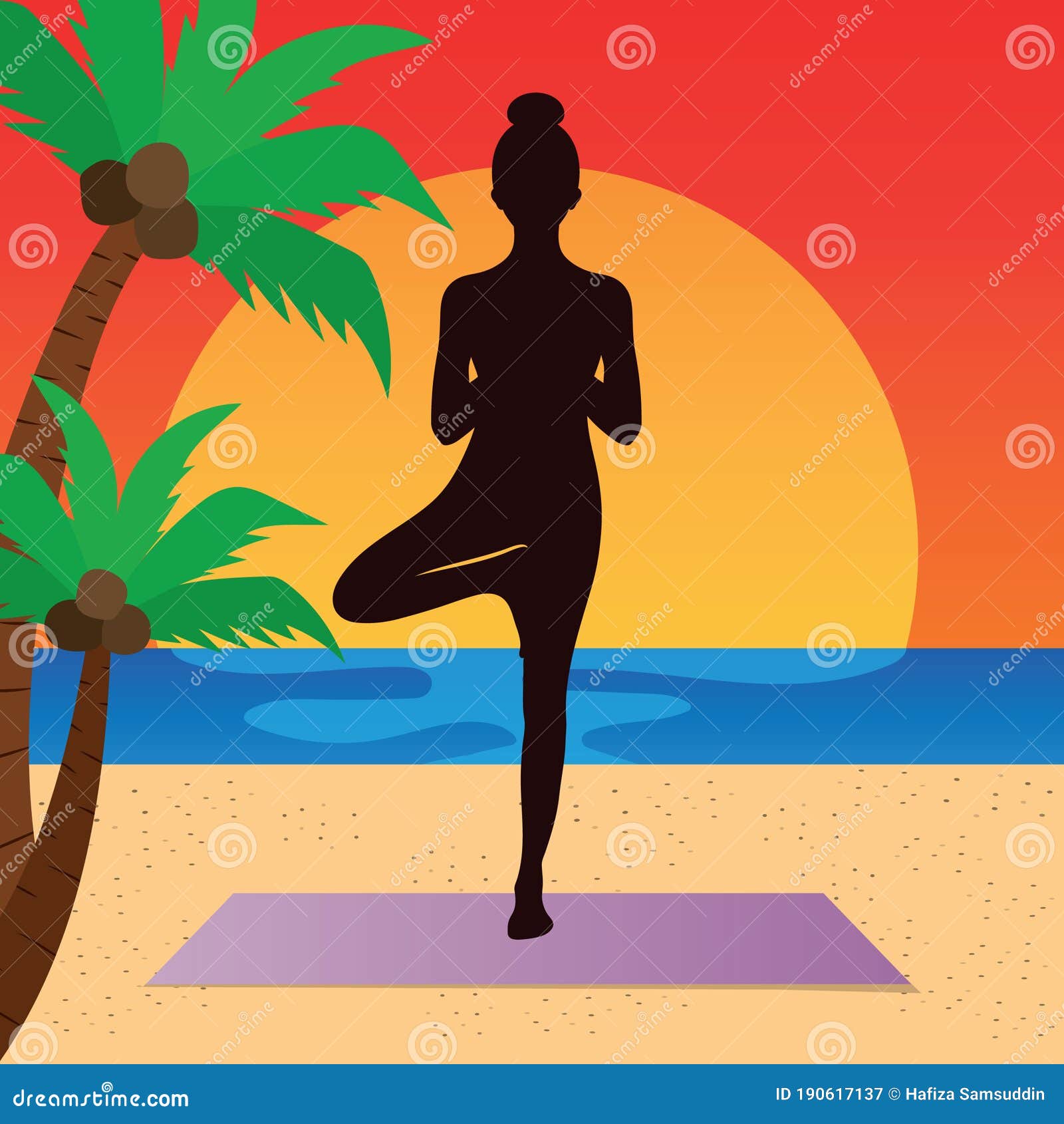 Woman Practicing Yoga in Tree Pose. Vector Illustration Decorative
