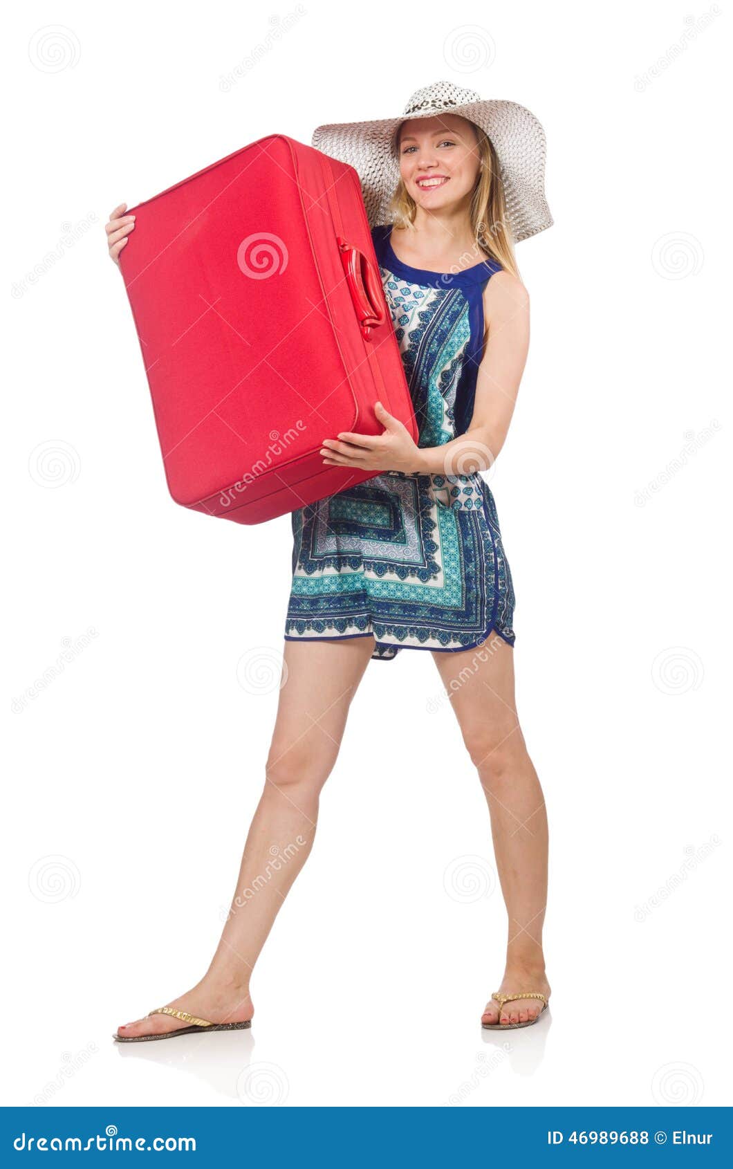 Woman preparing for summer vacation on white