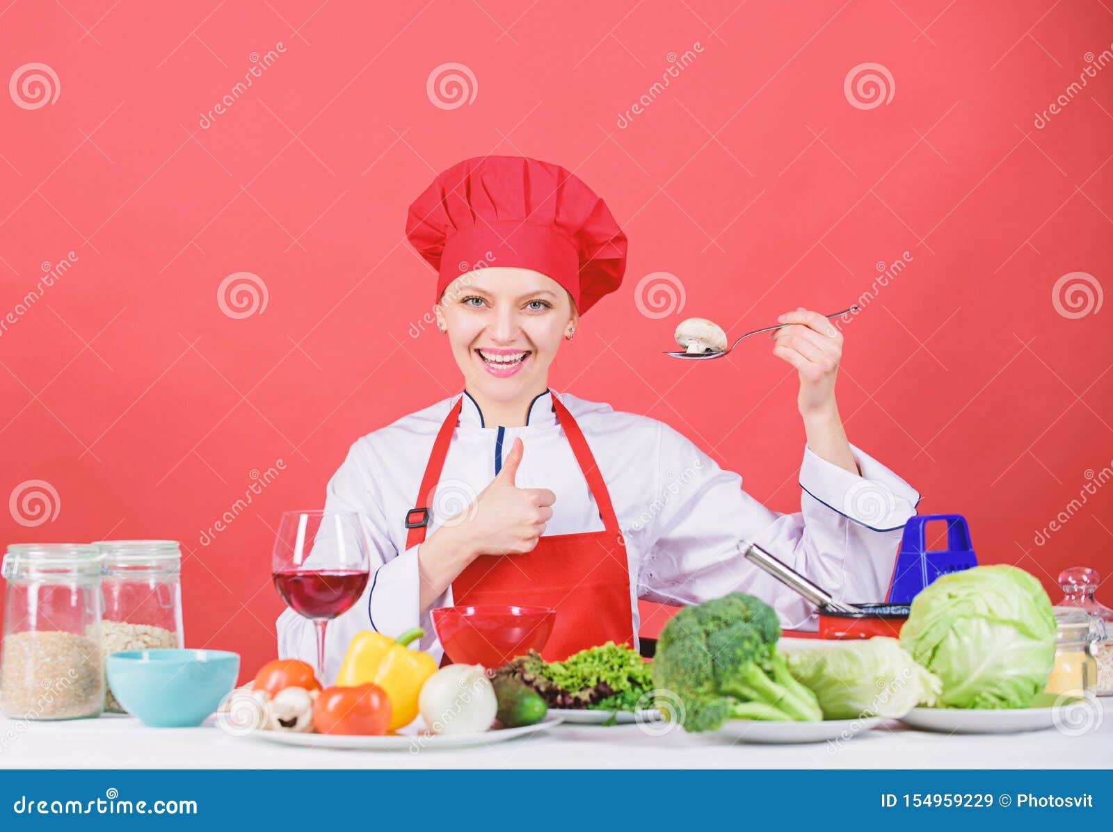 Woman Professional Chef Hold Spoon with Raw Mushroom. Dieting Concept ...