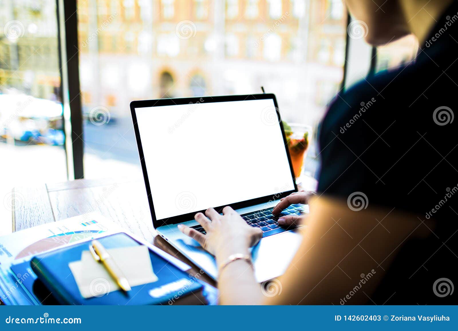 Female Commercial Real Estate Analyst Keyboarding on Netbook Stock