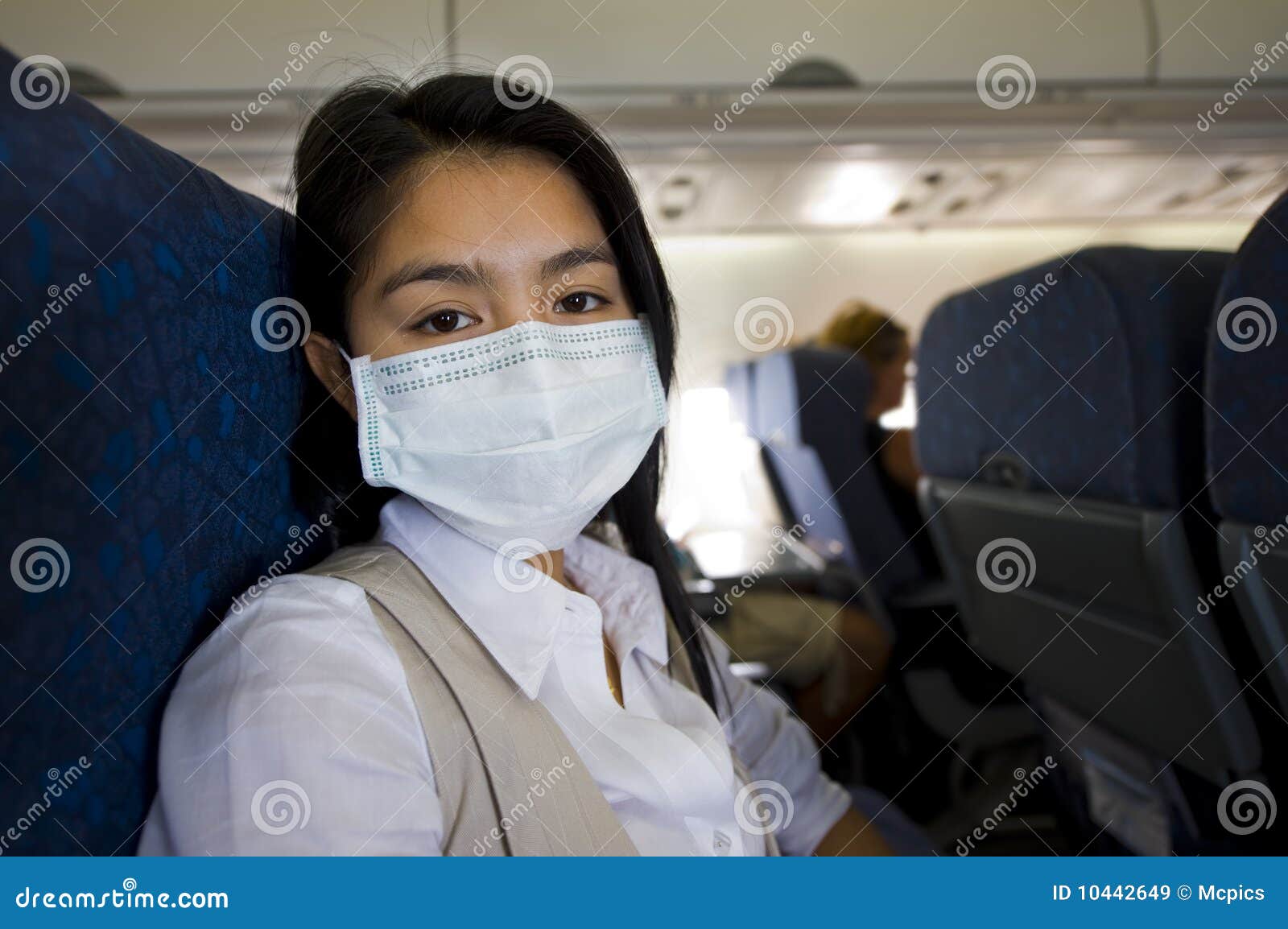 Woman With Protective Mask In A Plane Stock Image - Image