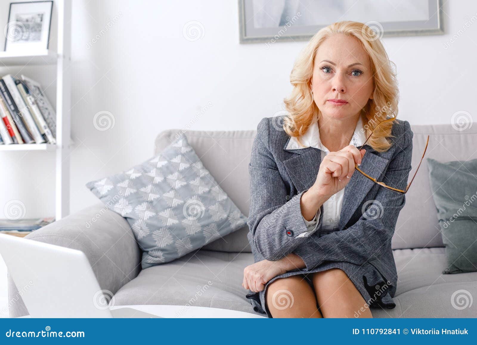 Woman Psychologist Portrait Sitting At Casual Home Office Looking 