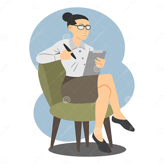 Woman Psychologist Sitting On Chair And Holding Clipboard Stock Vector Illustration Of