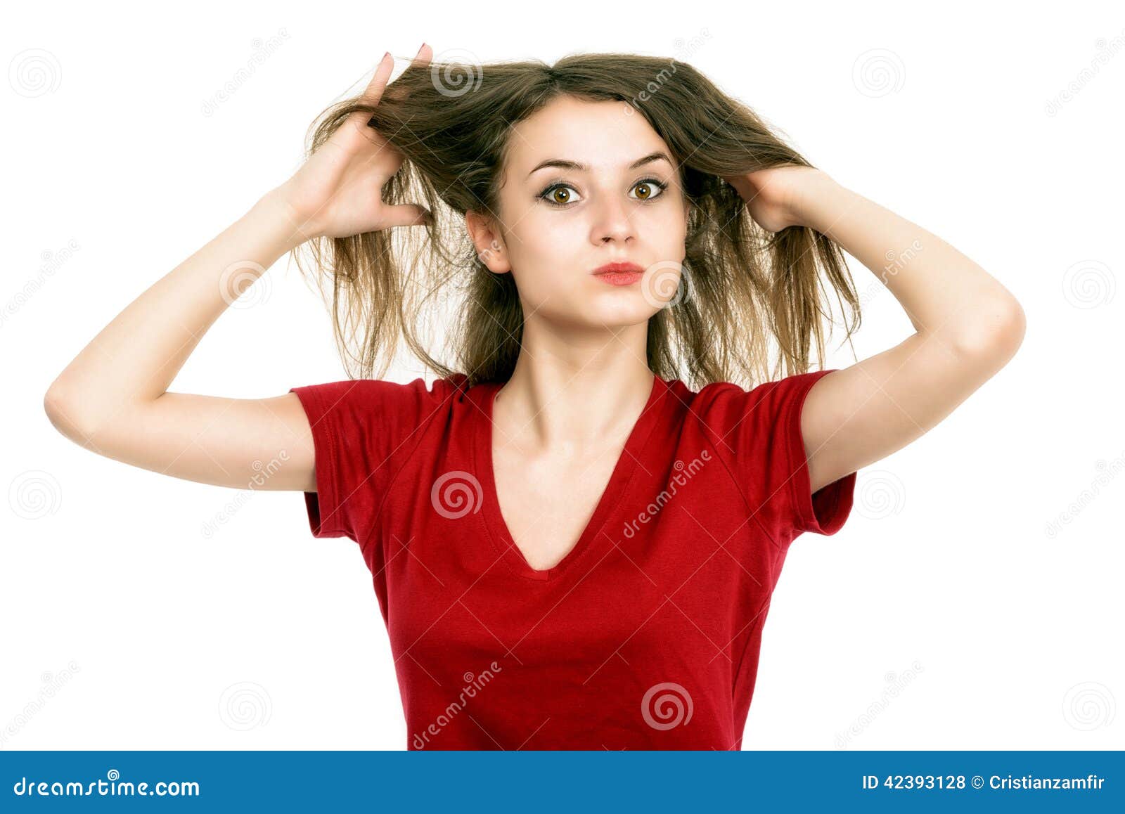 Woman Pulling Damaged Hair Both Hands Stock Photo - Image of haircare ...
