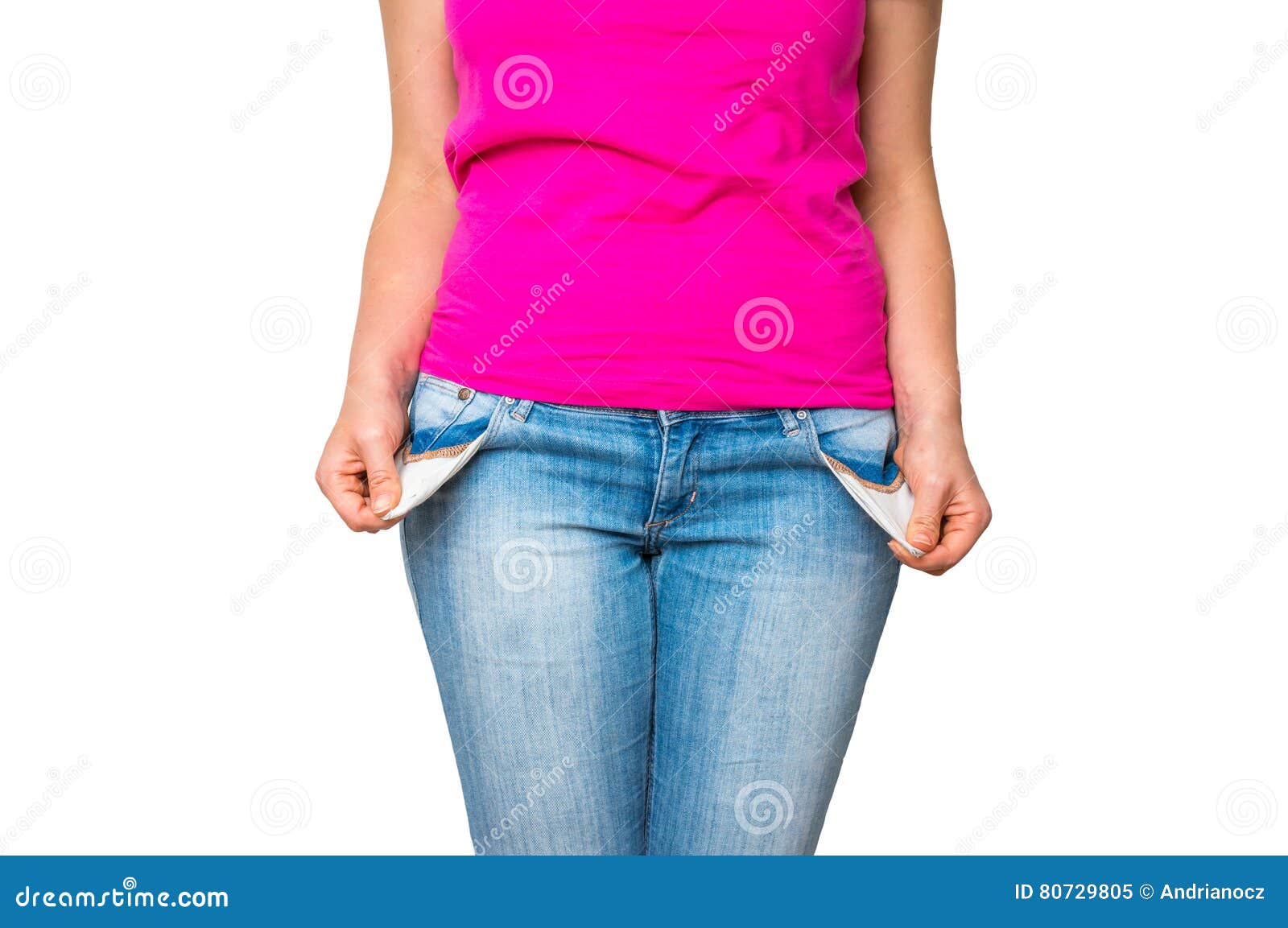 Woman Pulling Out Empty Pockets Isolated on White Stock Image Image