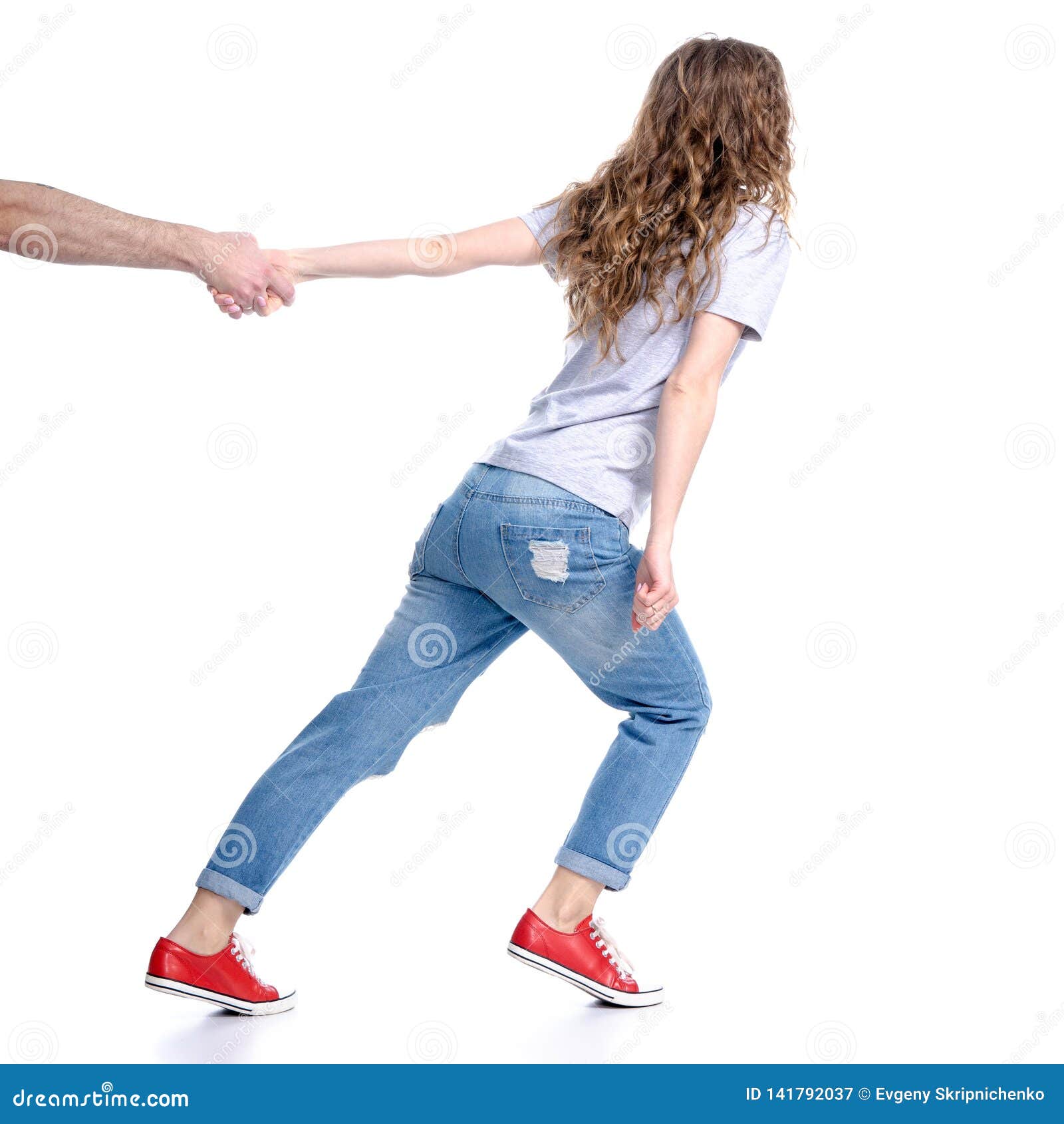 Woman Pulls the Hand of a Man Stock Image Image of rear, asian 141792037