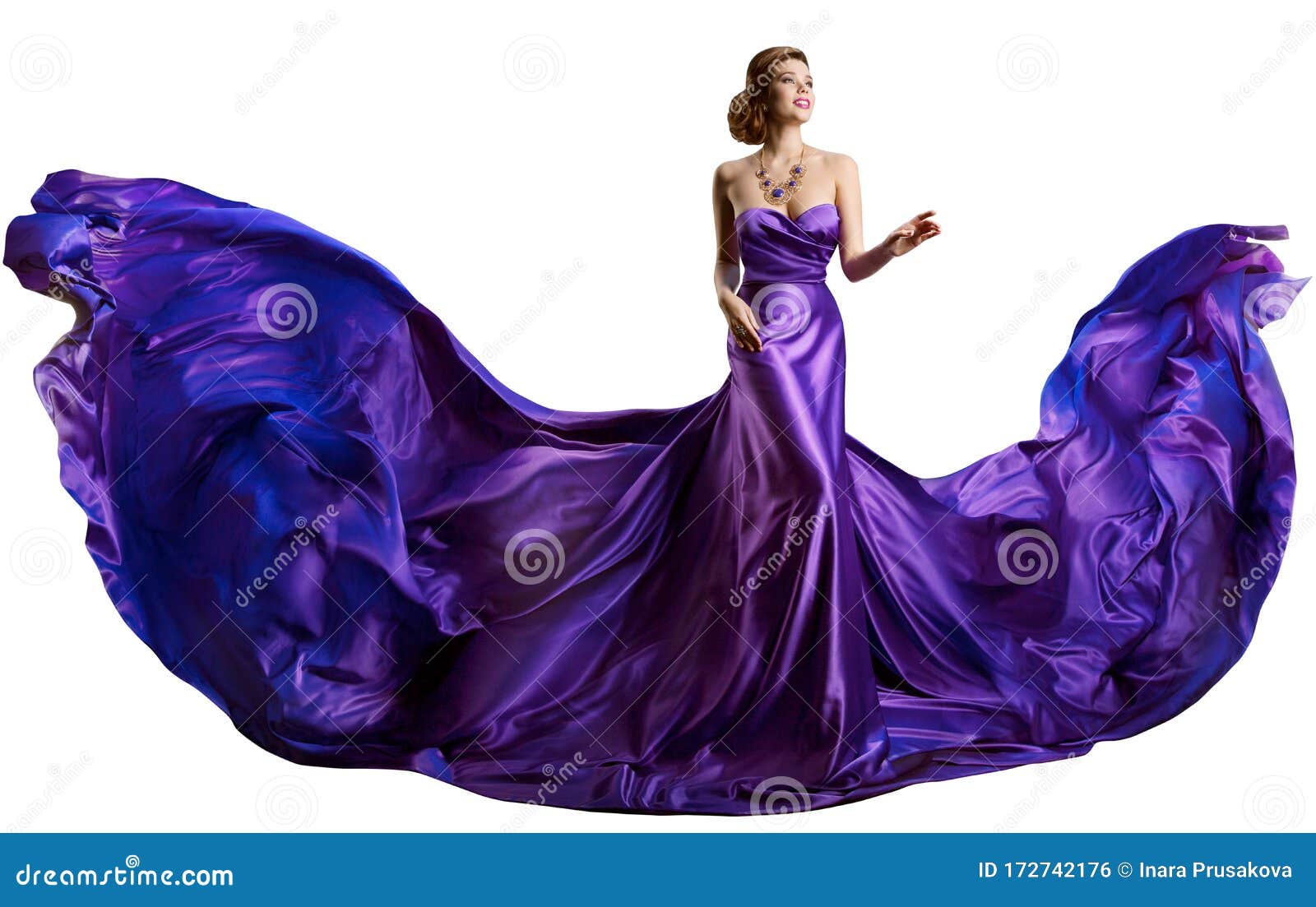 Woman Purple Dress Flying on Wind, Beautiful Fashion Model in ...