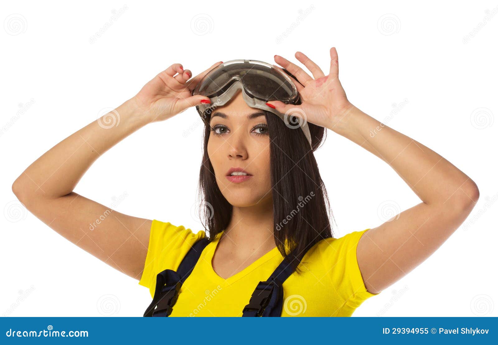 Woman Put on Safety Goggles. Stock Image Image of female, worker