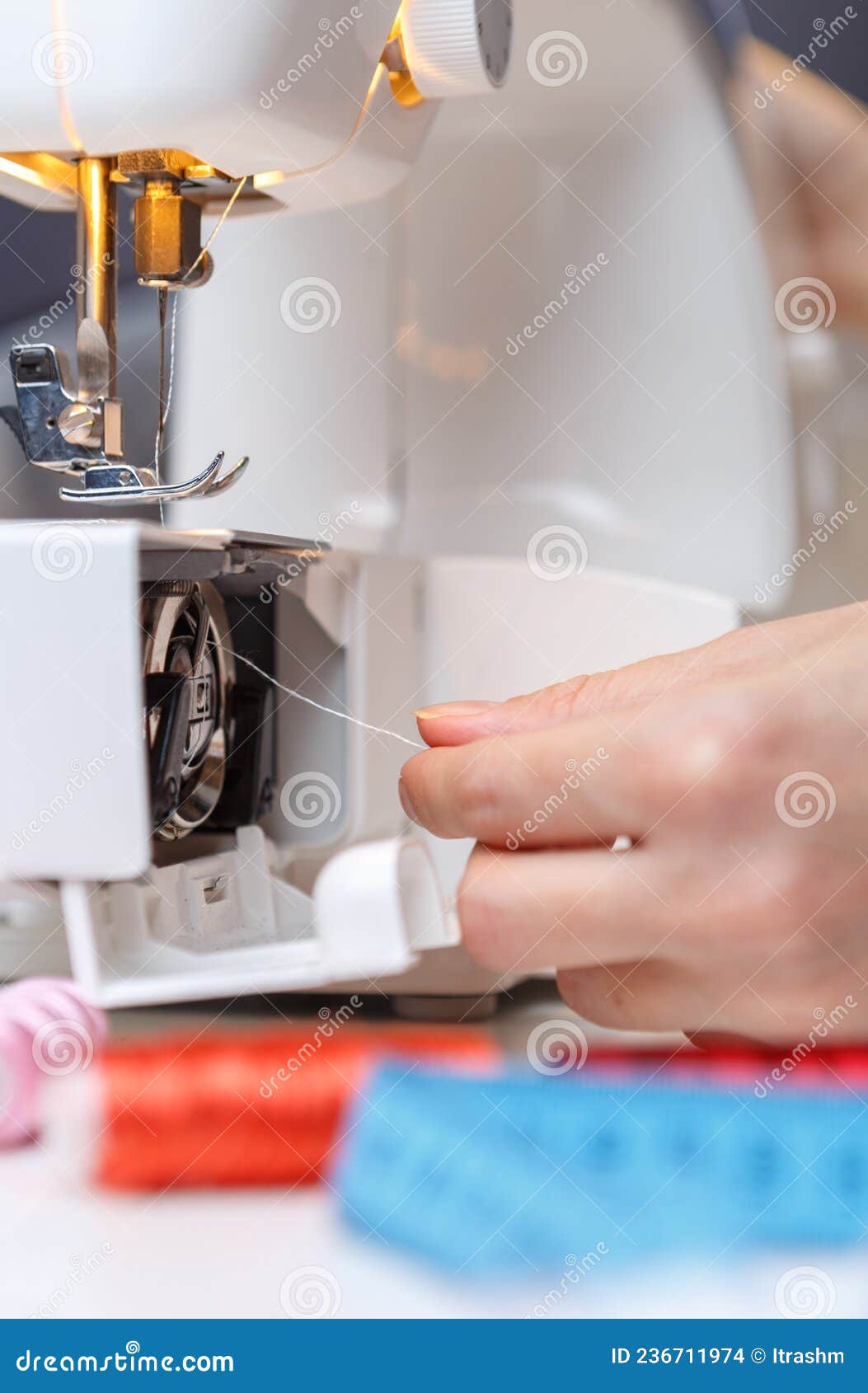 Woman Put Thread in Sewingmachine Stock Photo Image of clothes