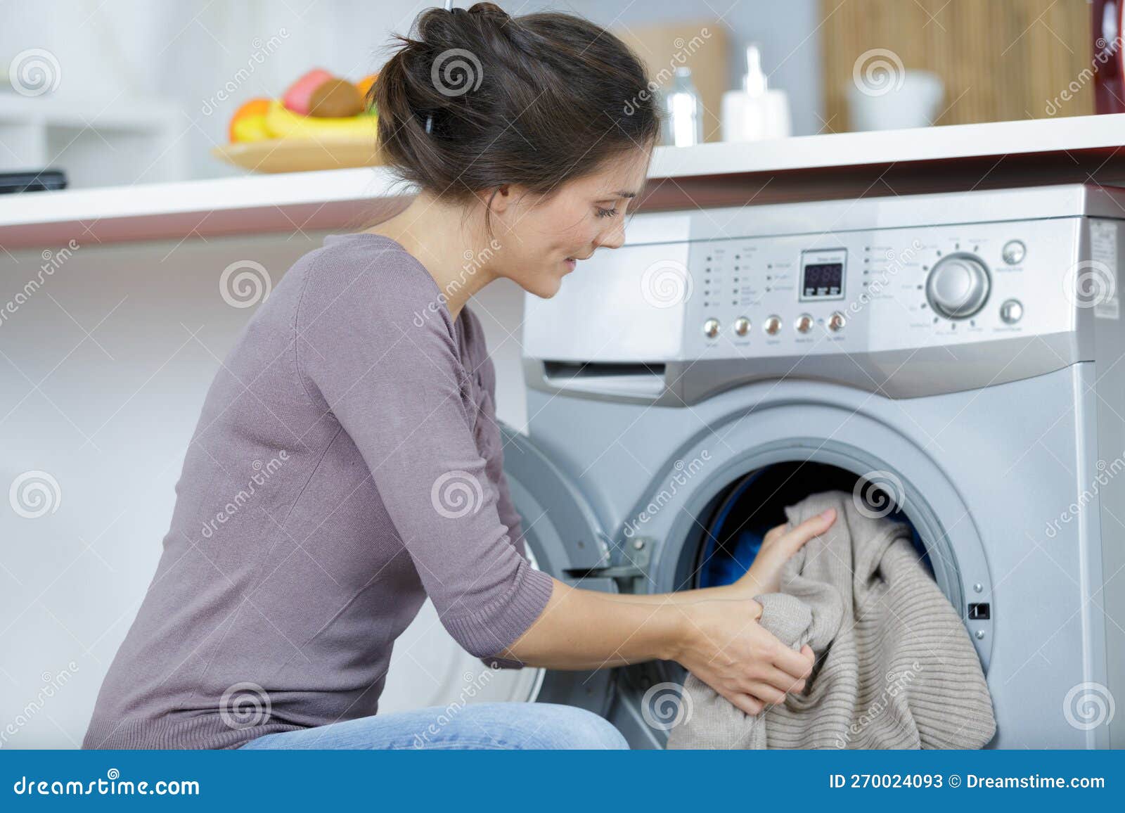 Woman Putting Cloths into Washing Machine Stock Image Image of powder