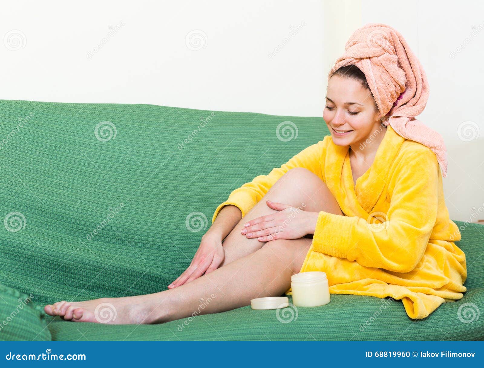 Woman Putting Cream On Legs Stock Photo Image Of Cosmetic Indoor
