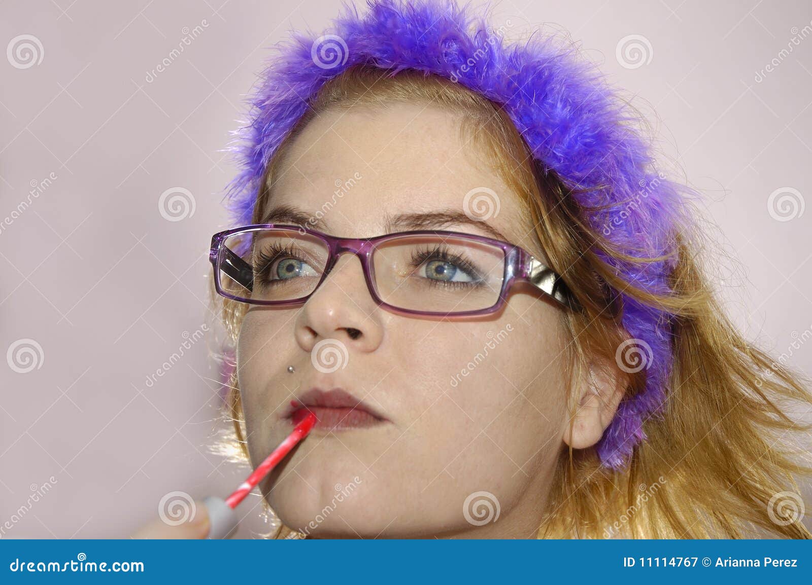 Woman Putting on Makeup Wearing Glasses Stock Image Image of