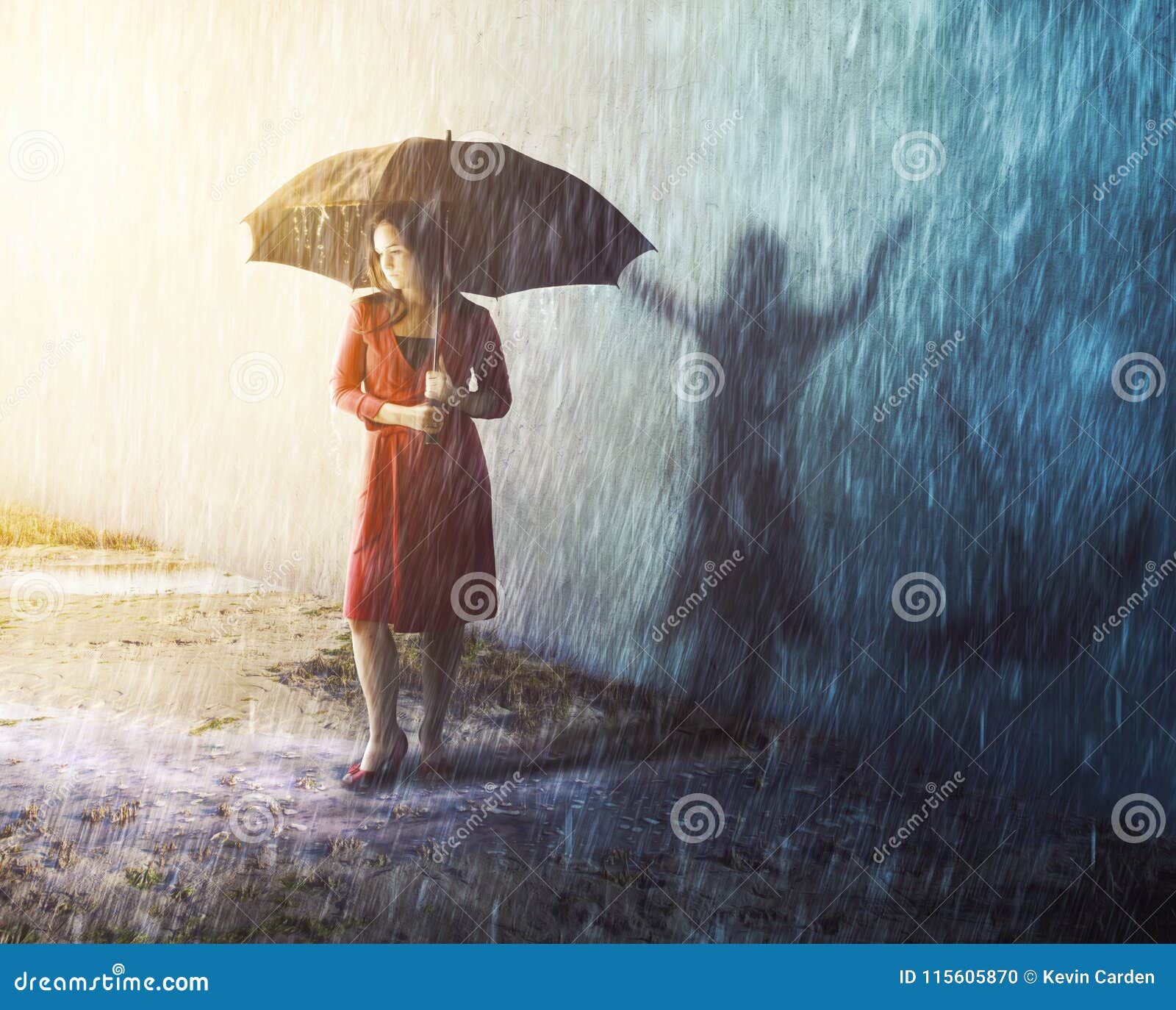 woman in rain storm with shadow