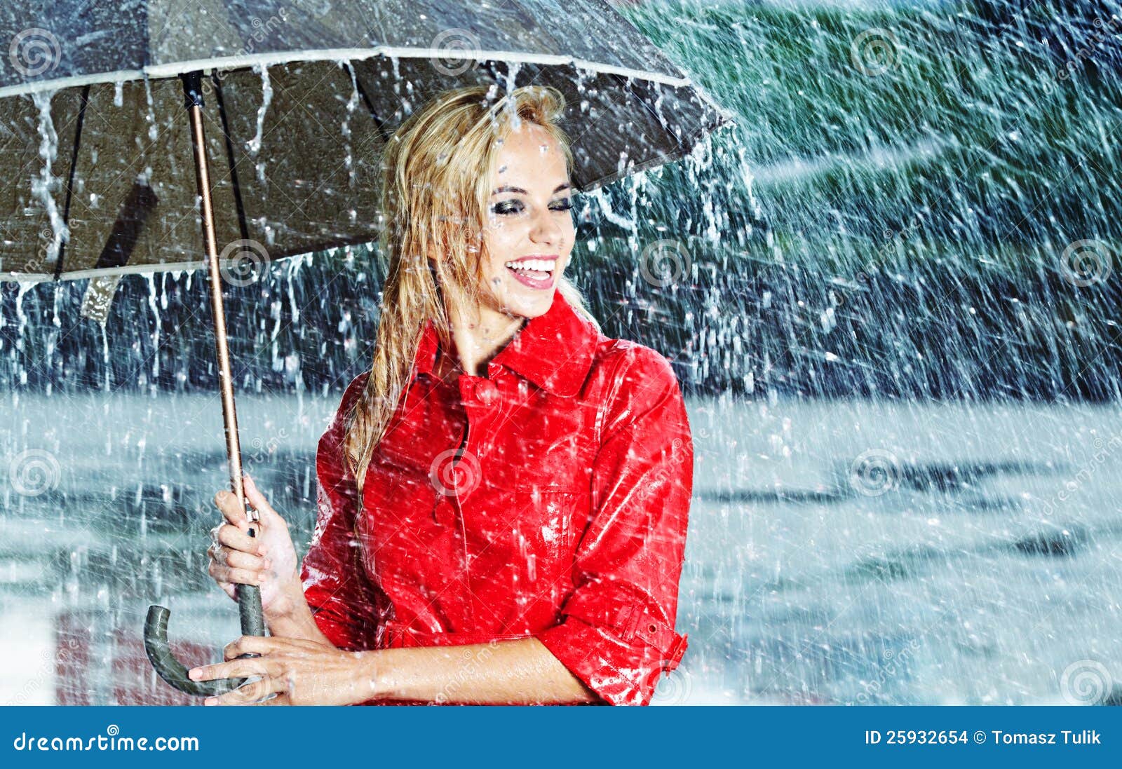Woman In Raincoat Holds Umbrella Stock Images Image 25932654