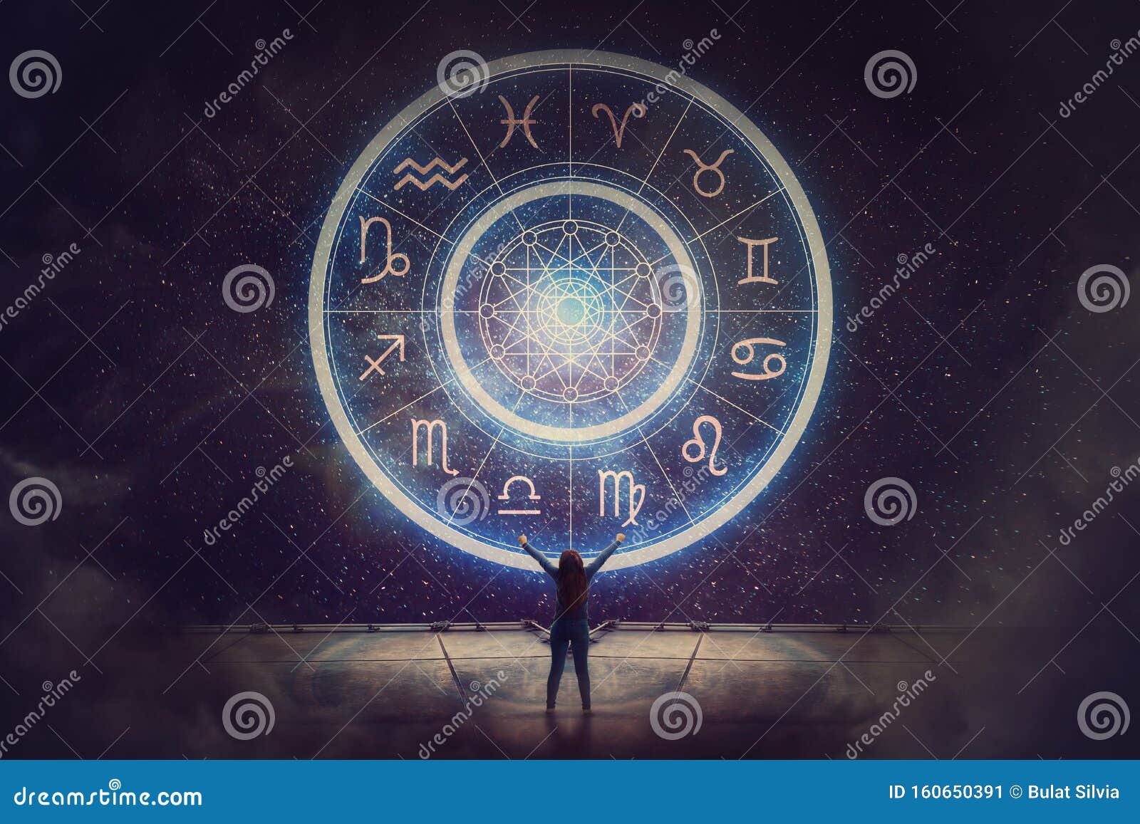 woman raising hands looking at the night sky. astrological wheel projection, choose a zodiac sign. trust horoscope future