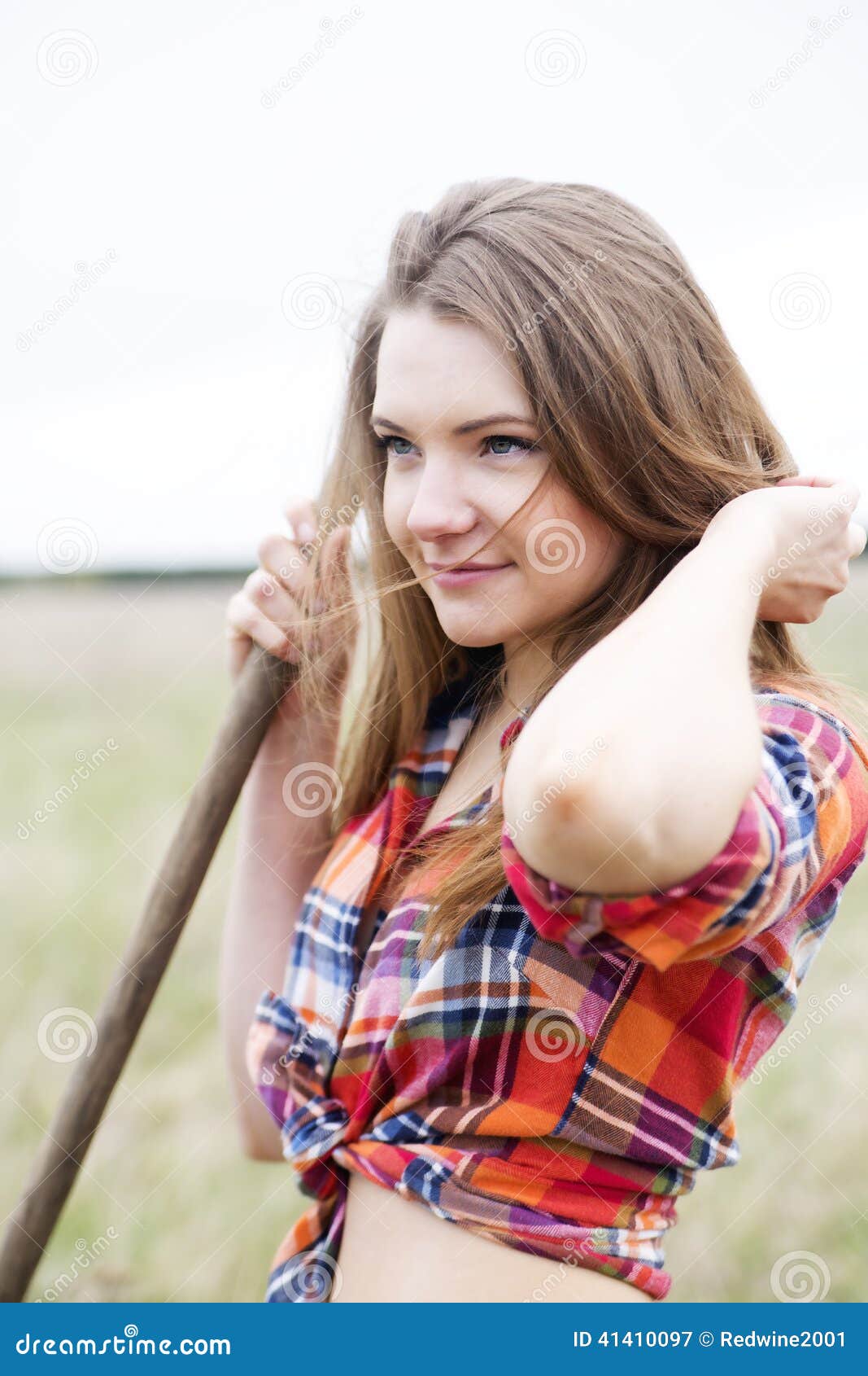 Woman and Rake Handle Adjust Long Hair Stock Image Image of industry