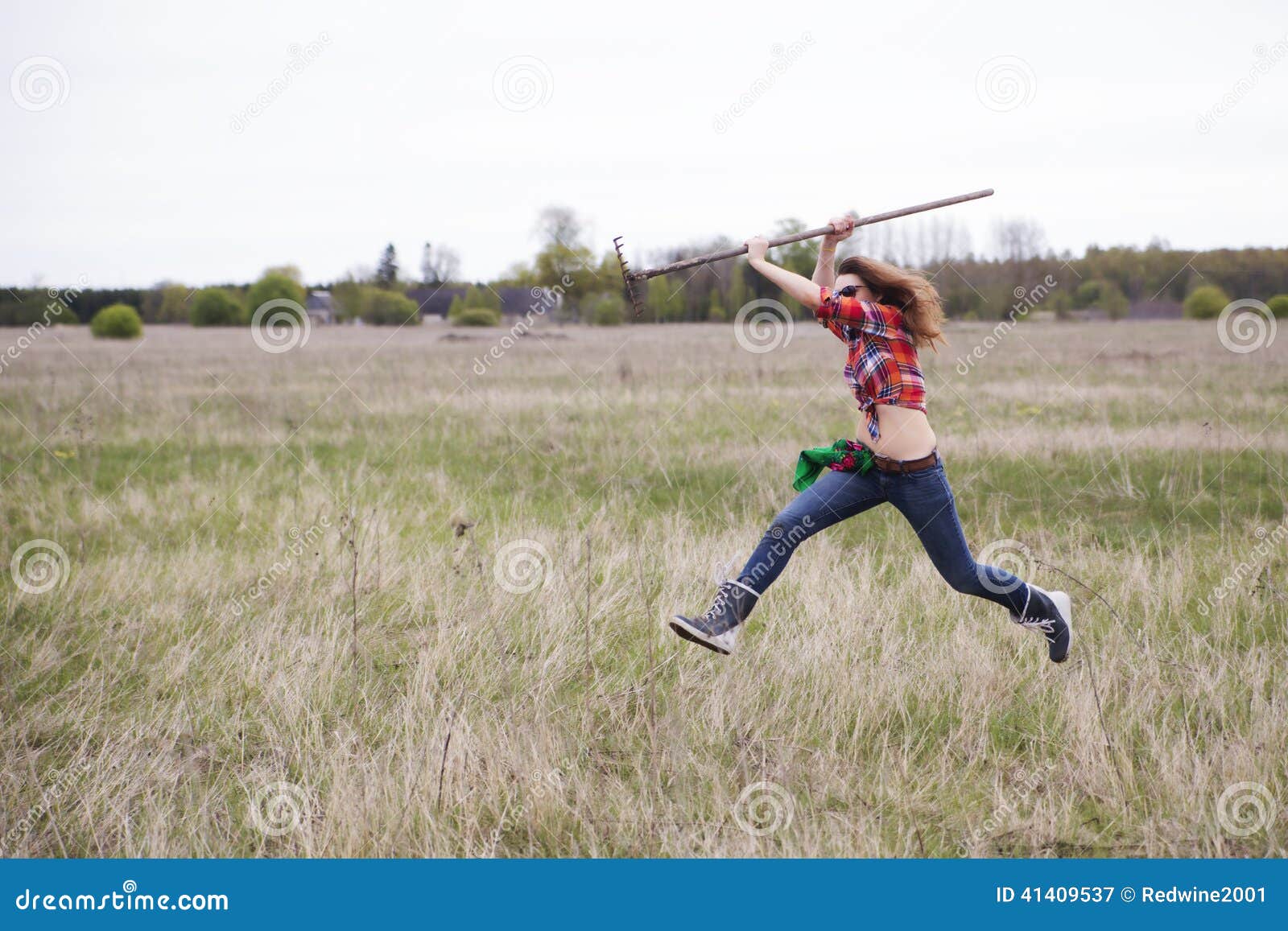 Woman with Rake Run Around Farm Field Stock Image Image of planting