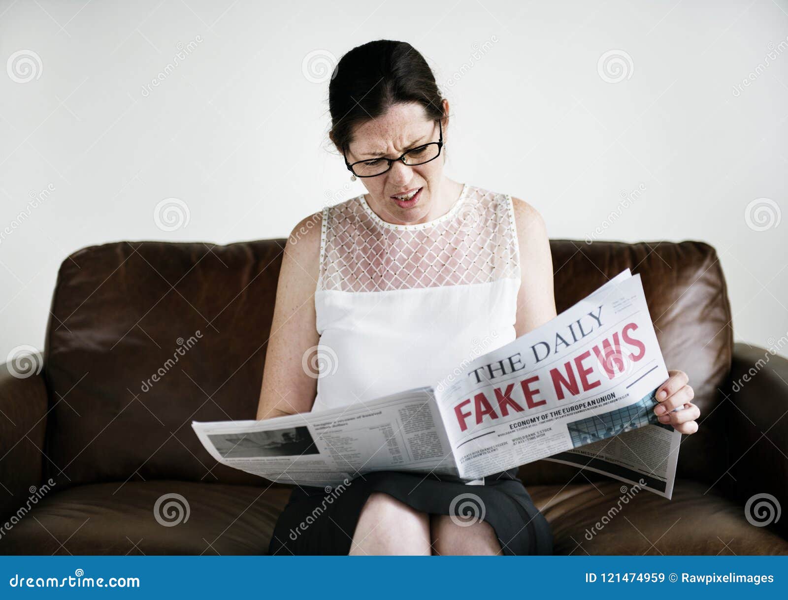 a woman reading fake news