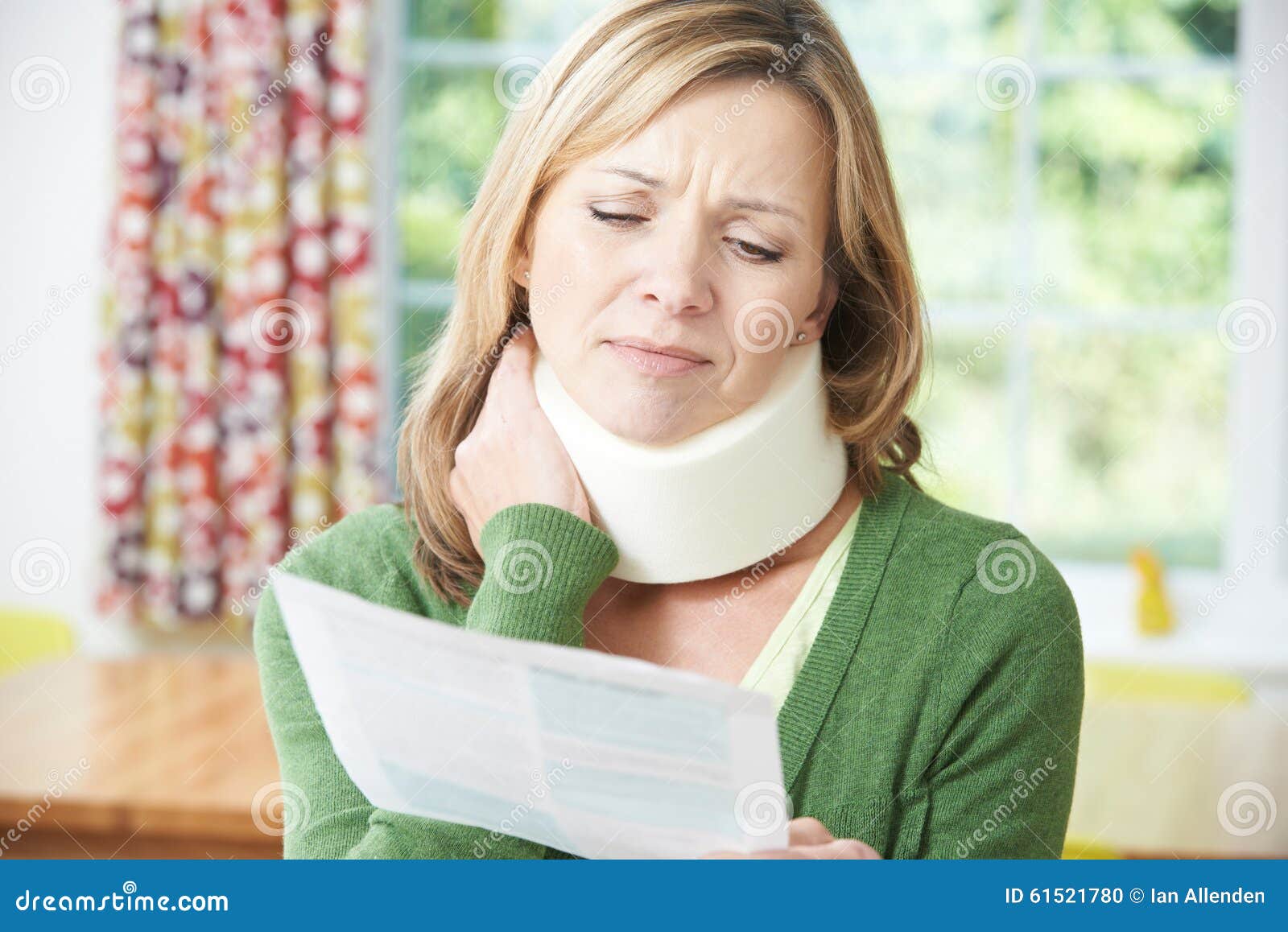 Woman Reading Letter after Receiving Neck Injury Stock Photo - Image of ...