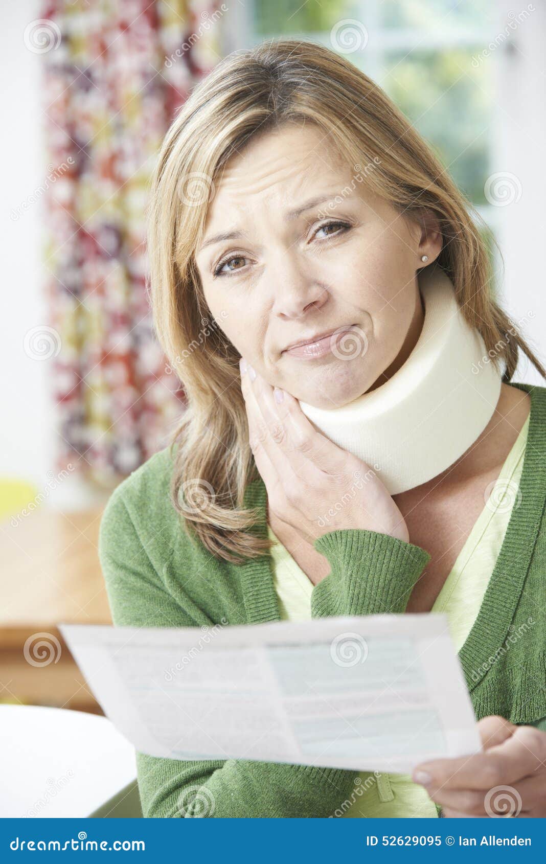 Woman Reading Letter after Receiving Neck Injury Stock Image - Image of ...