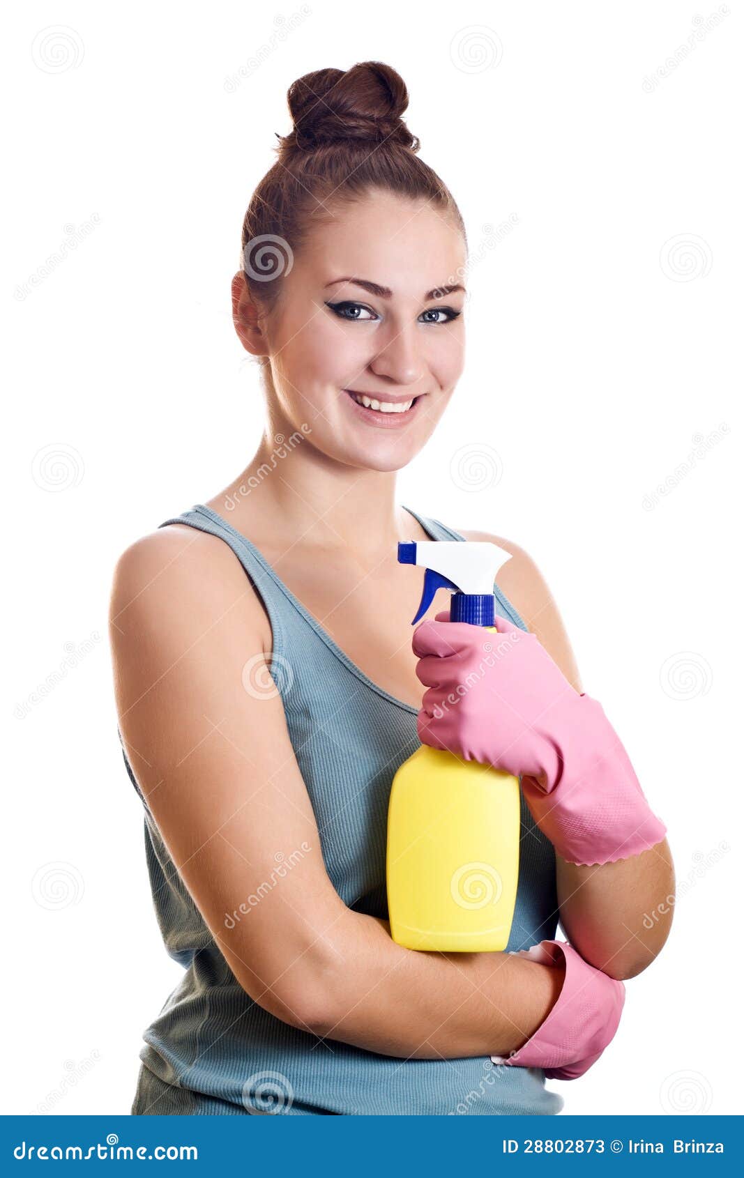 Woman Ready for Spring Cleaning Smiling with Rubber Gloves and C Stock