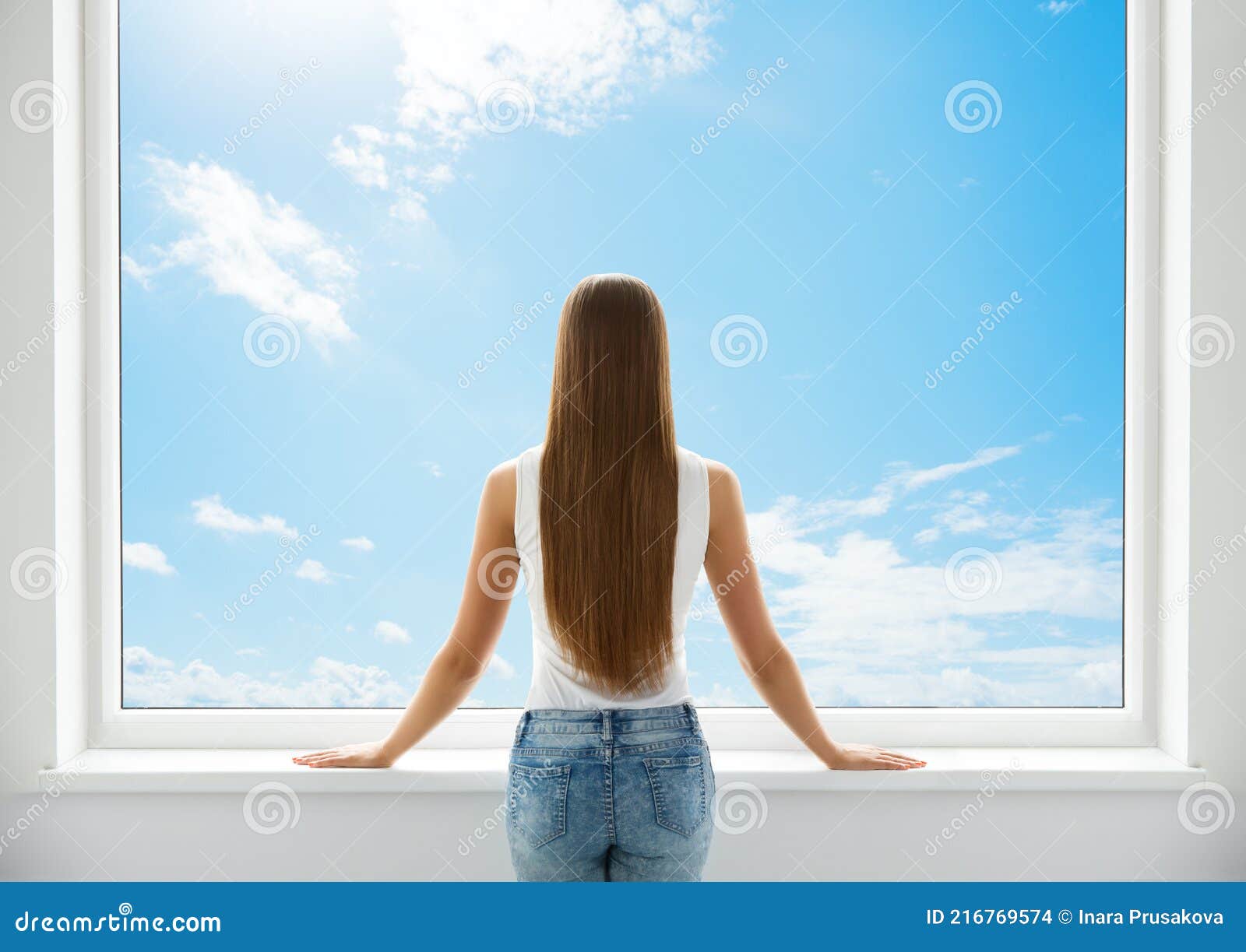 woman rear view looking at window. young girl back side silhouette look forward and thinking. morning wake up woman. sky