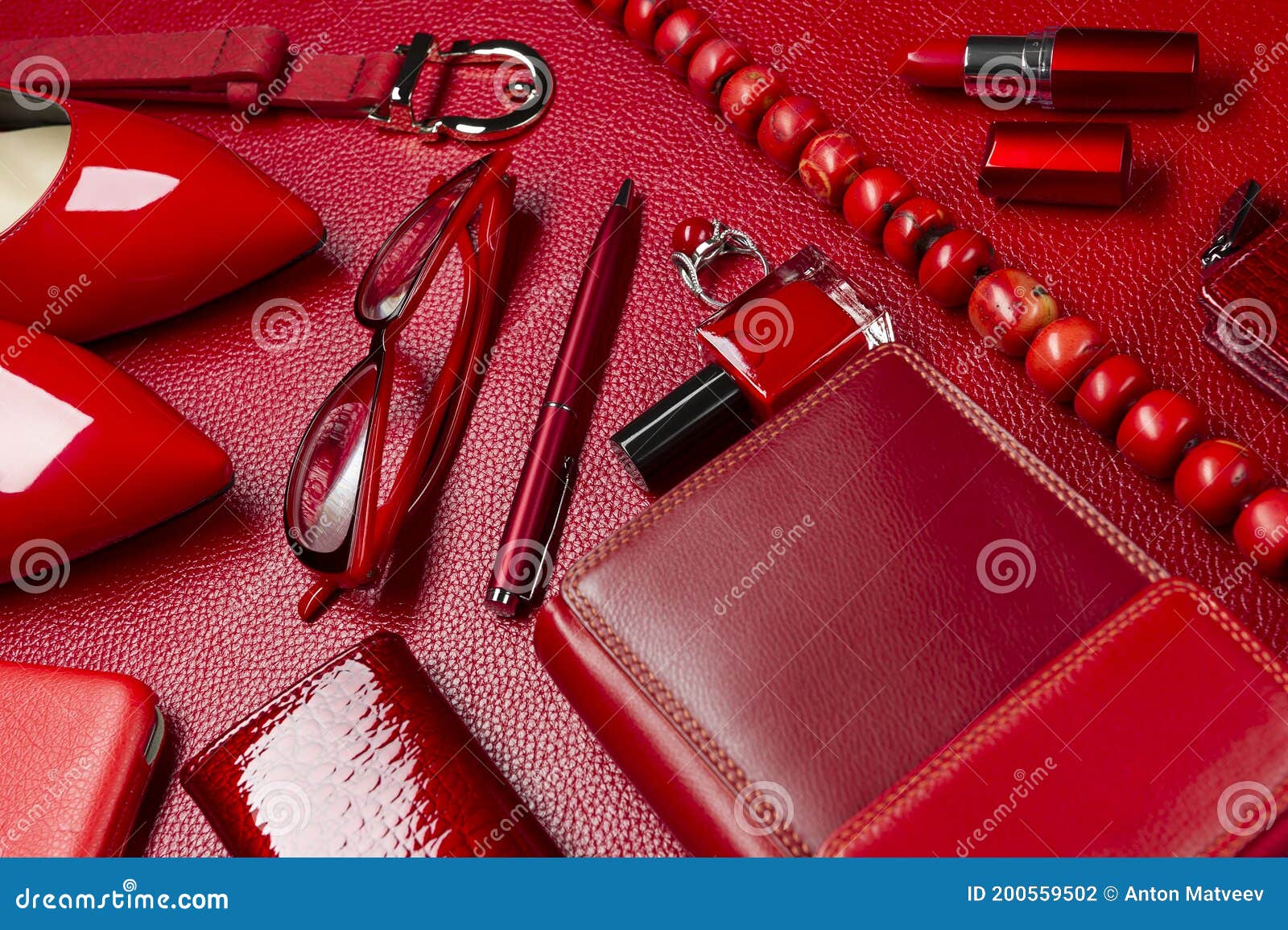 https://thumbs.dreamstime.com/z/woman-red-accessories-jewelry-cosmetic-shoes-other-luxury-objects-leather-background-fashion-industry-modern-female-concept-200559502.jpg