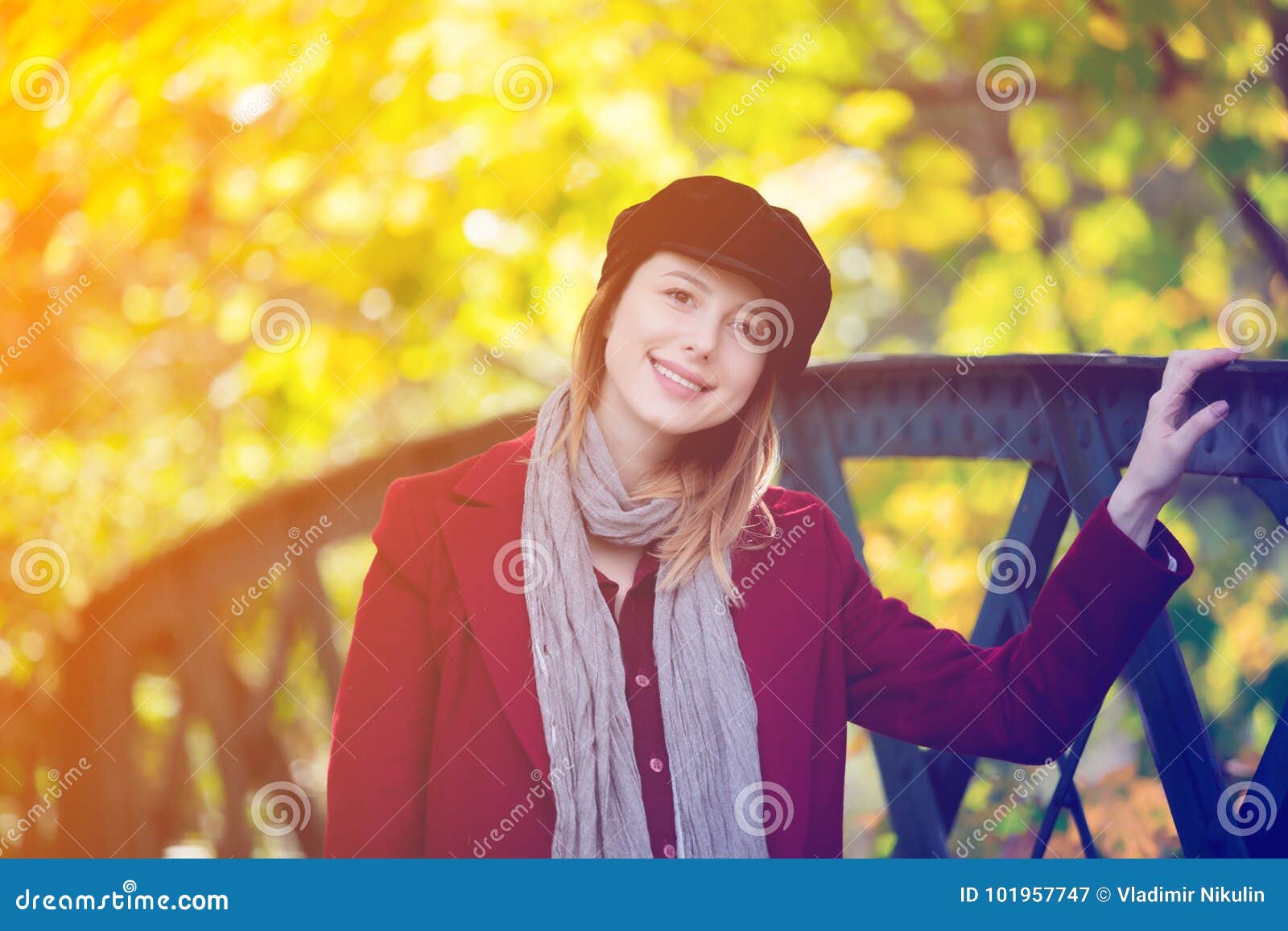 Woman in Red Coat and Hat Have a Rest in Autum Park Stock Image - Image ...