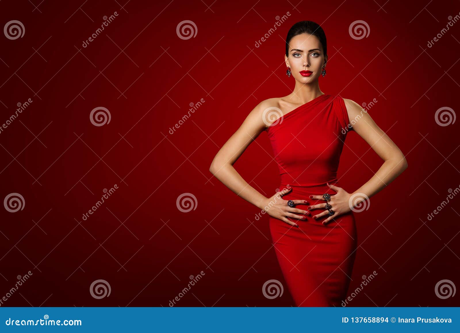 woman red dress, fashion model elegant gown, young girl beauty