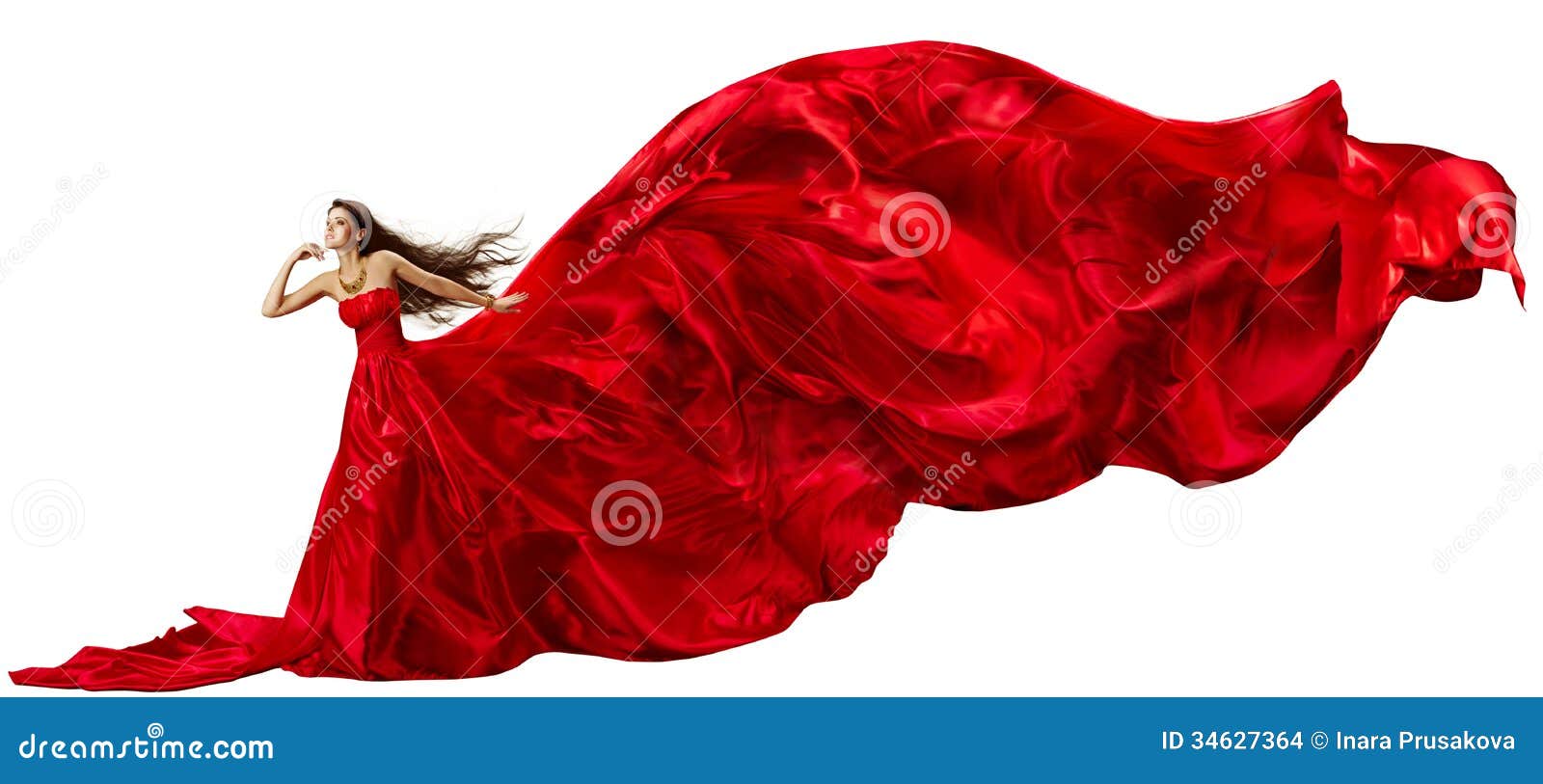 woman red dress, flying fabric silk cloth waving fluttering on wind