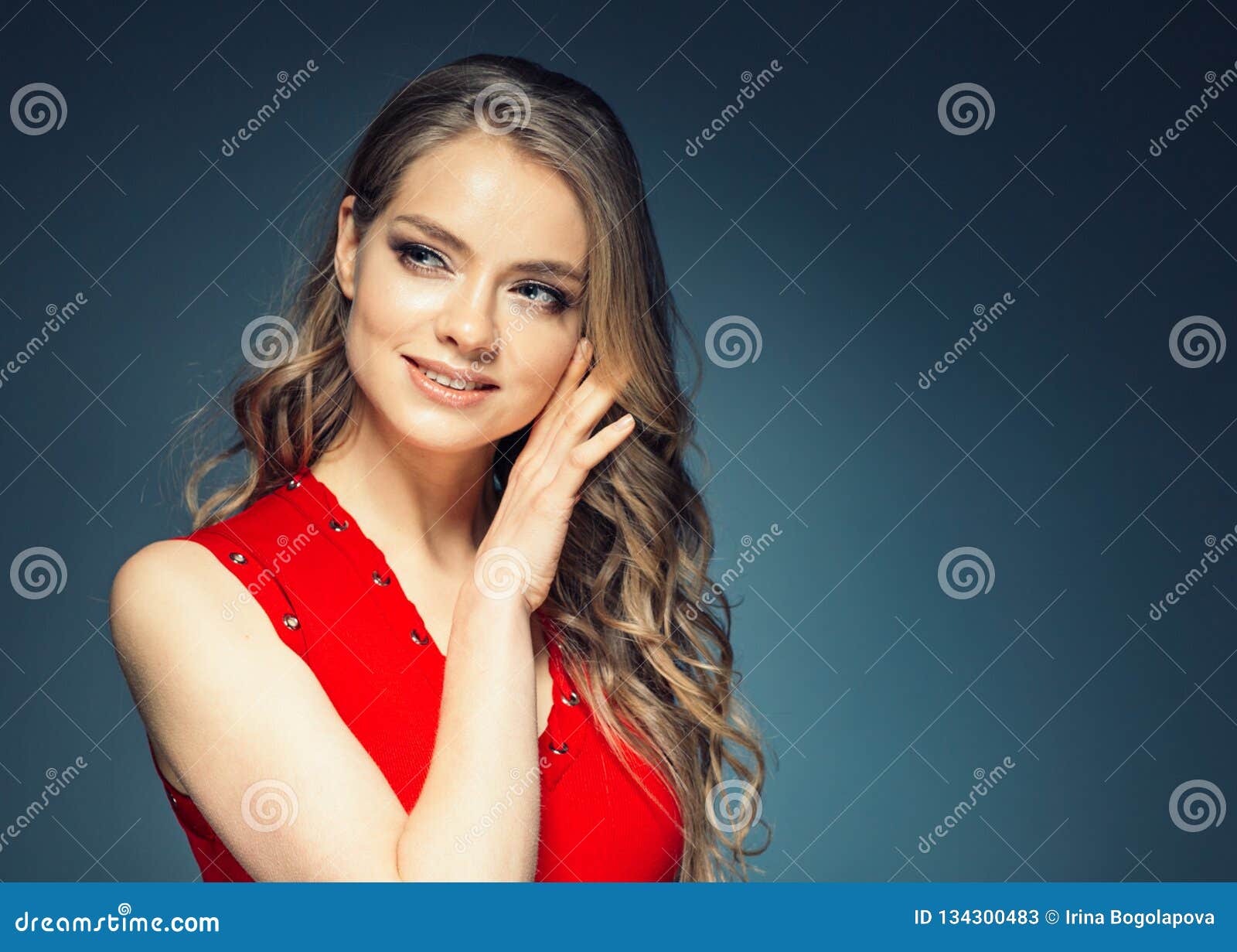 Woman in Red Dress with Long Blonde Hair Stock Image - Image of elegant ...