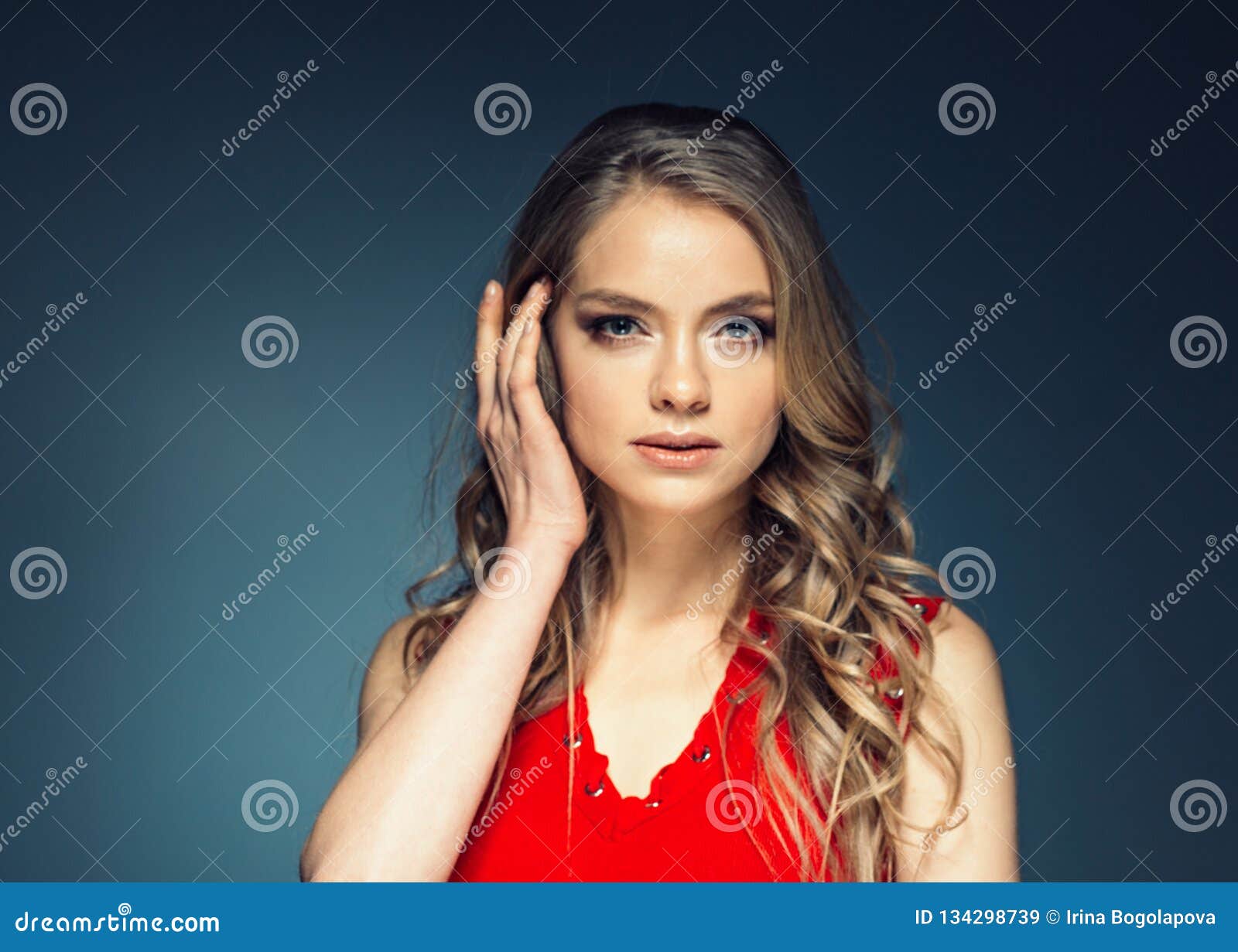 Woman in Red Dress with Long Blonde Hair Stock Image - Image of light ...