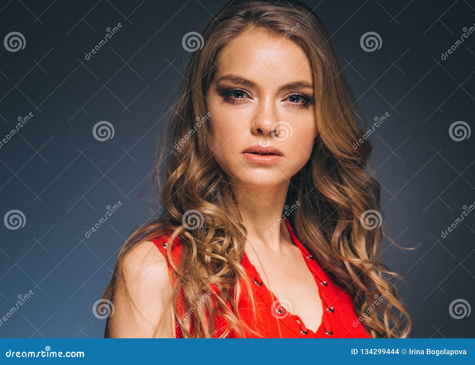 Woman in Red Dress with Long Blonde Hair Stock Photo - Image of hair ...