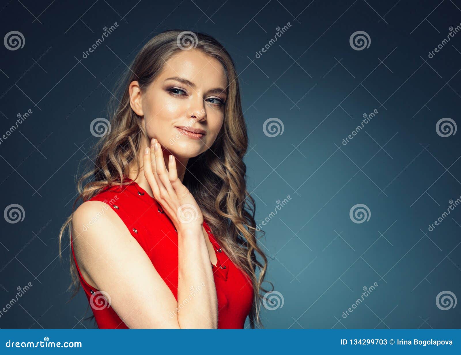 Woman in Red Dress with Long Blonde Hair Stock Image - Image of model ...