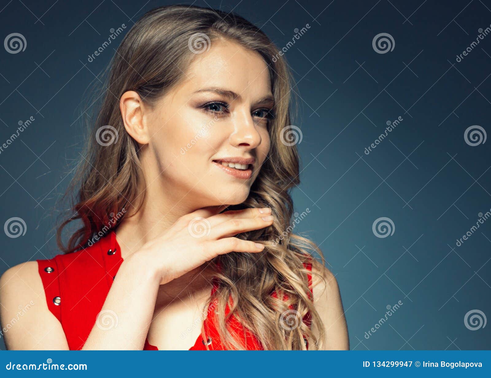 Woman in Red Dress with Long Blonde Hair Stock Image - Image of looking ...