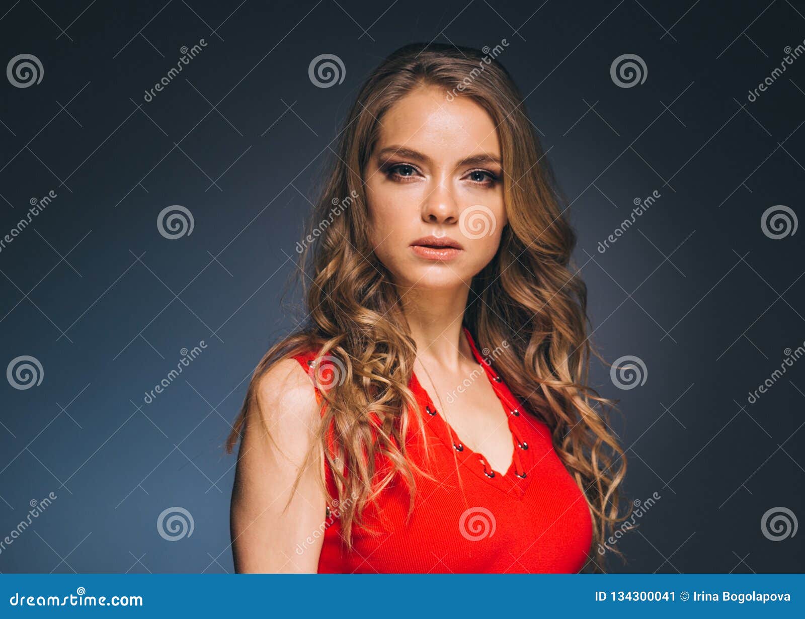 Woman in Red Dress with Long Blonde Hair Stock Image - Image of ...