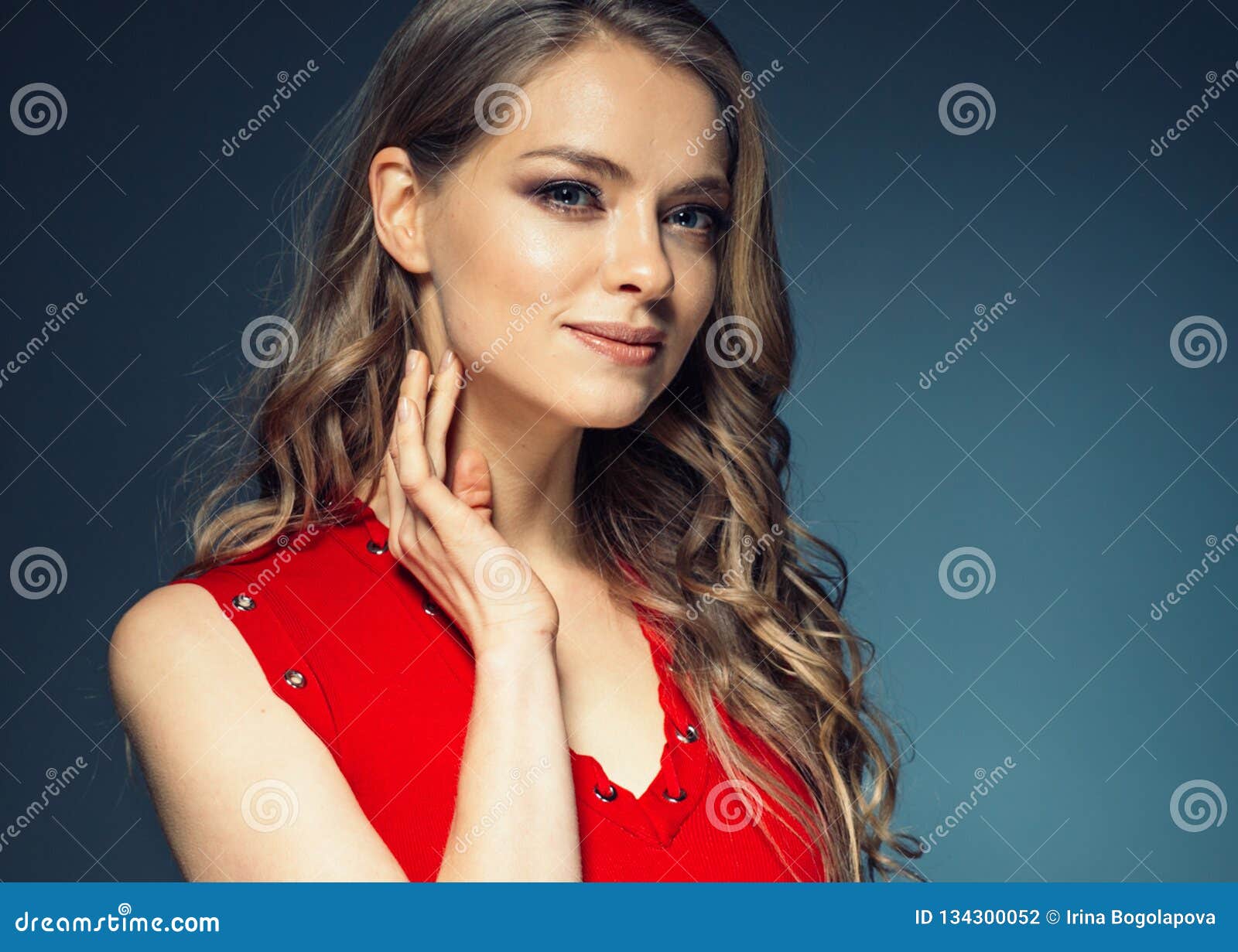 Woman in Red Dress with Long Blonde Hair Stock Photo - Image of curly ...