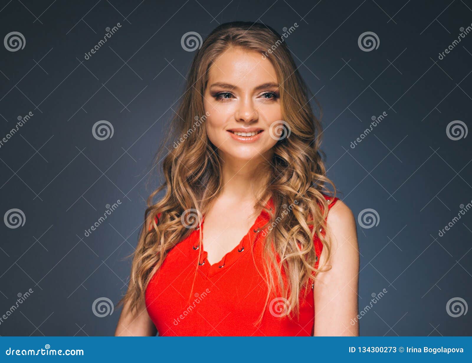 Woman in Red Dress with Long Blonde Hair Stock Image - Image of dark ...