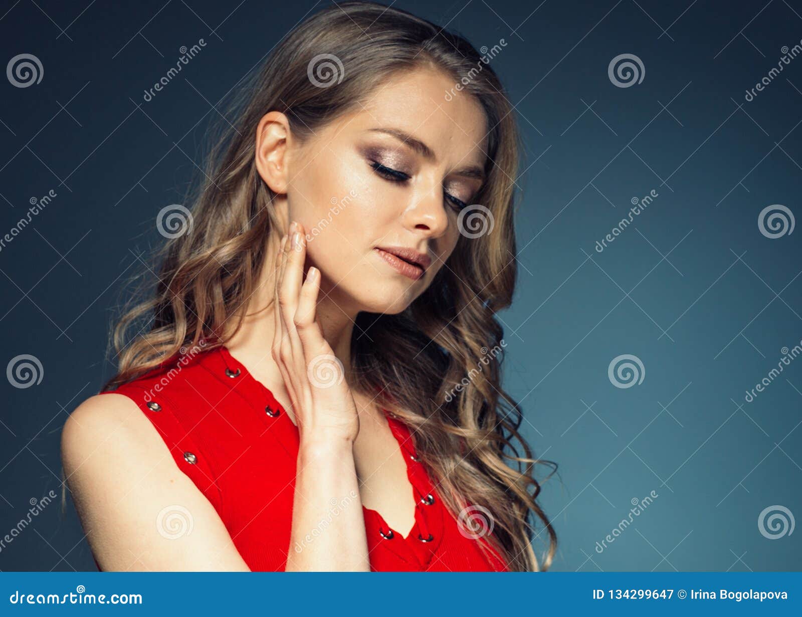 Woman in Red Dress with Long Blonde Hair Stock Image - Image of ...