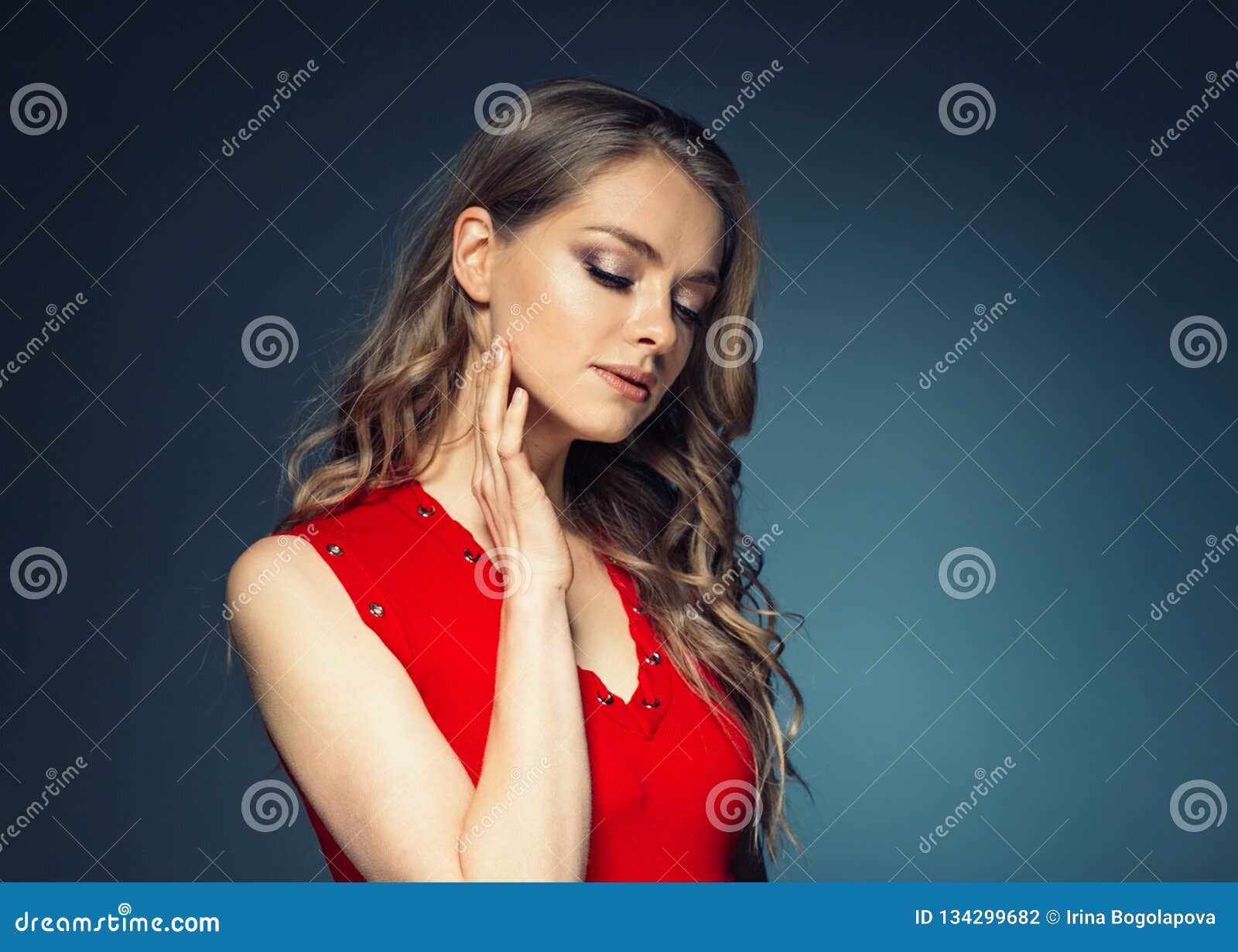 Woman in Red Dress with Long Blonde Hair Stock Photo - Image of hair ...